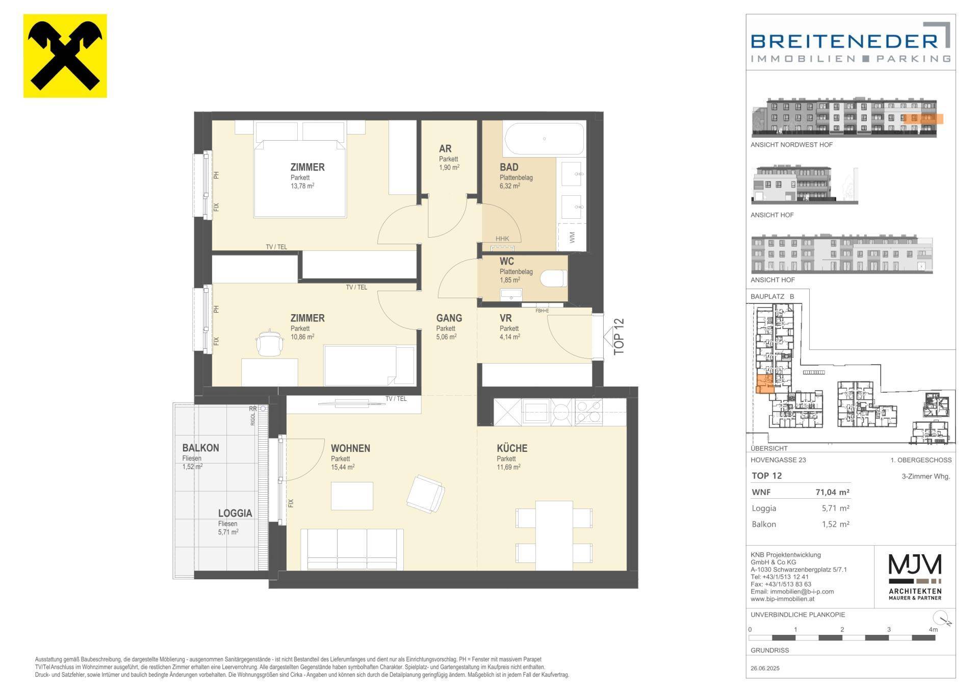 Detaillierter Grundriss einer 3-Zimmer-Wohnung mit Balkon, Loggia und separater Küche.