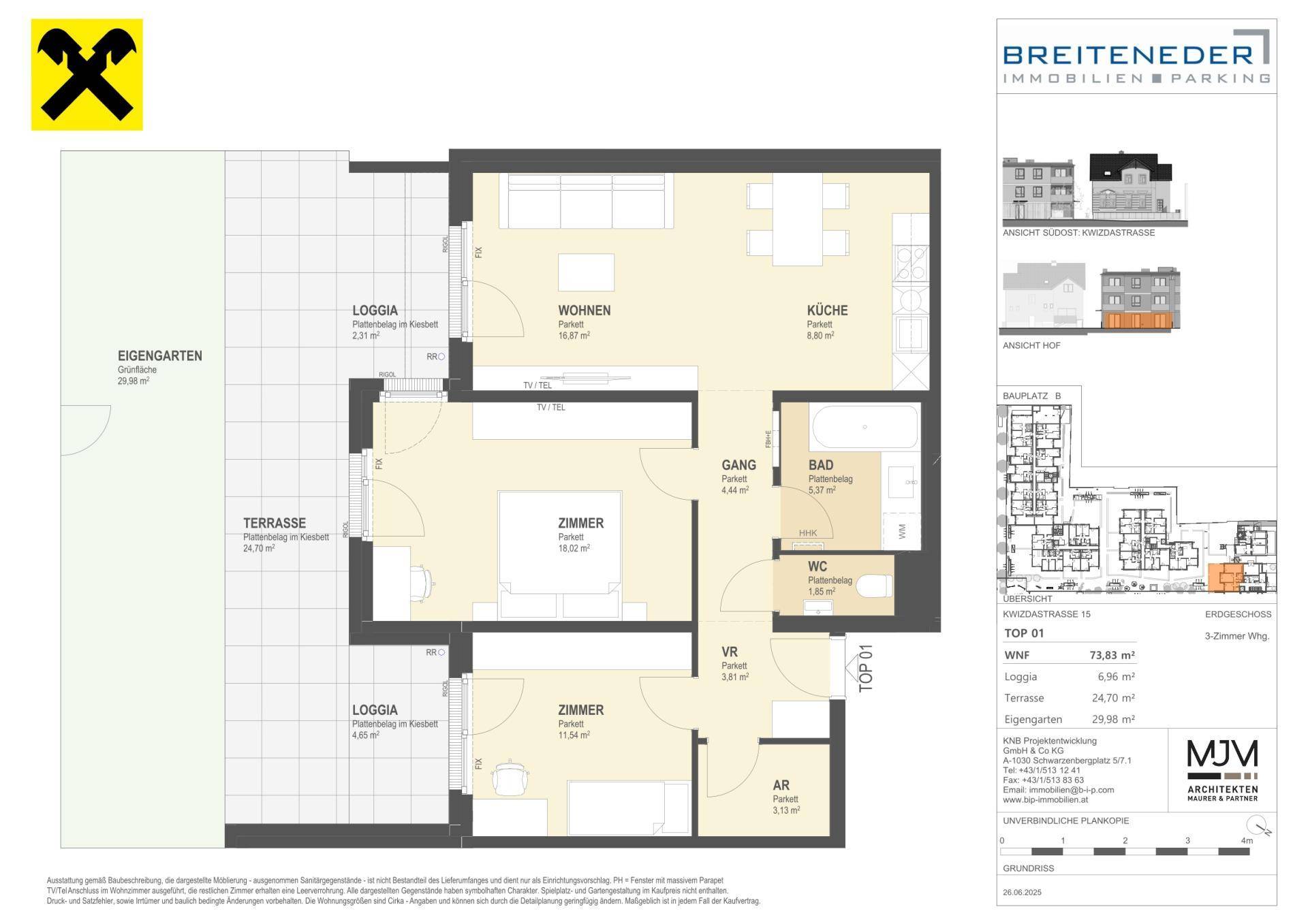 Grundriss einer 3-Zimmer-Wohnung mit Terrasse, Loggia und eigenem Gartenanteil.