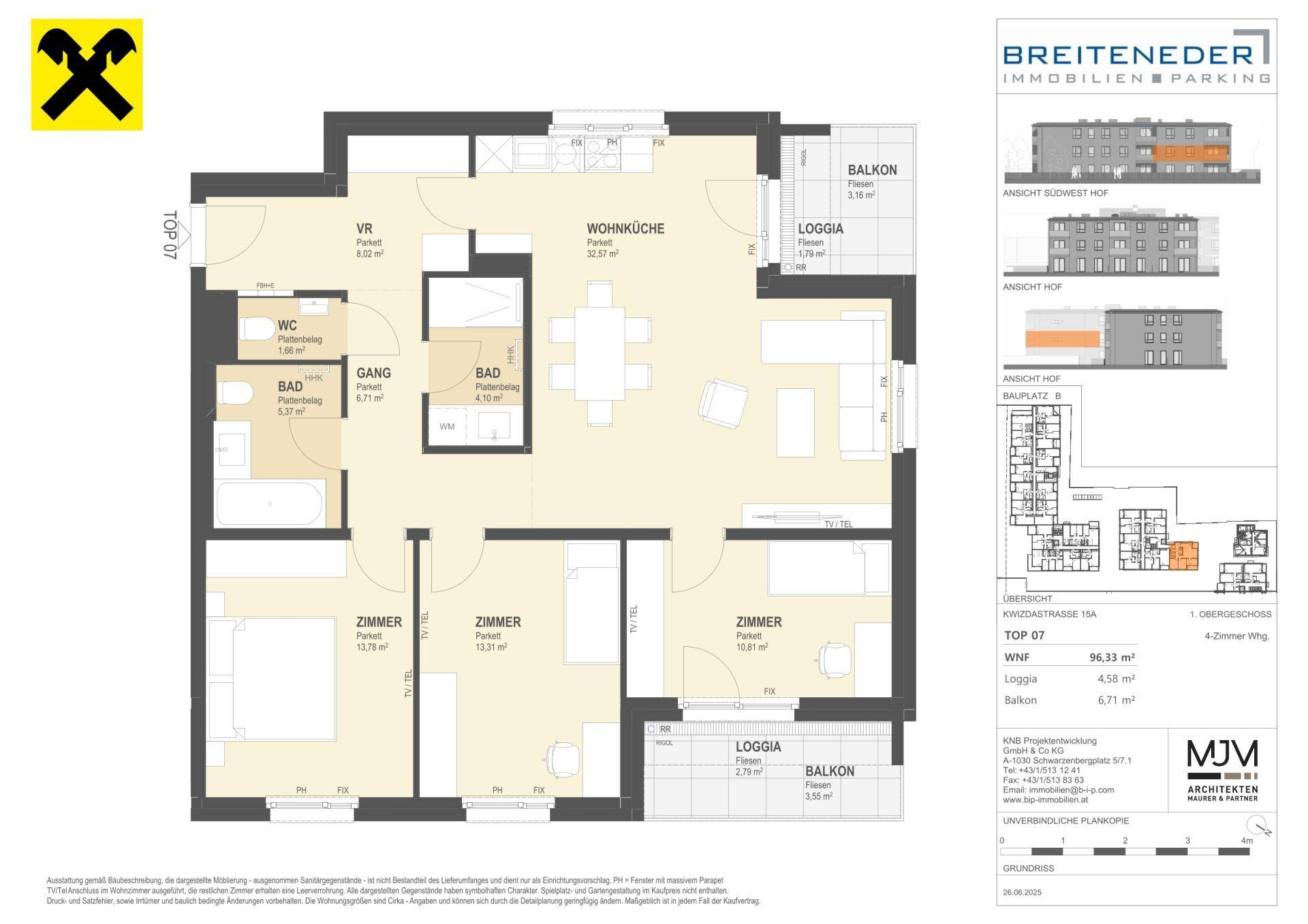 Detaillierter Grundriss einer 4-Zimmer-Wohnung mit Balkonen und Loggien.