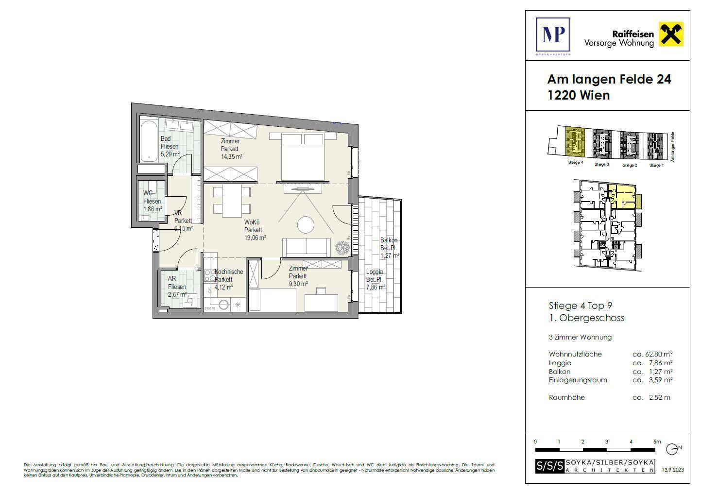 Detaillierter Grundriss einer 3-Zimmer-Wohnung mit Balkon und Loggia im 1. Obergeschoss.