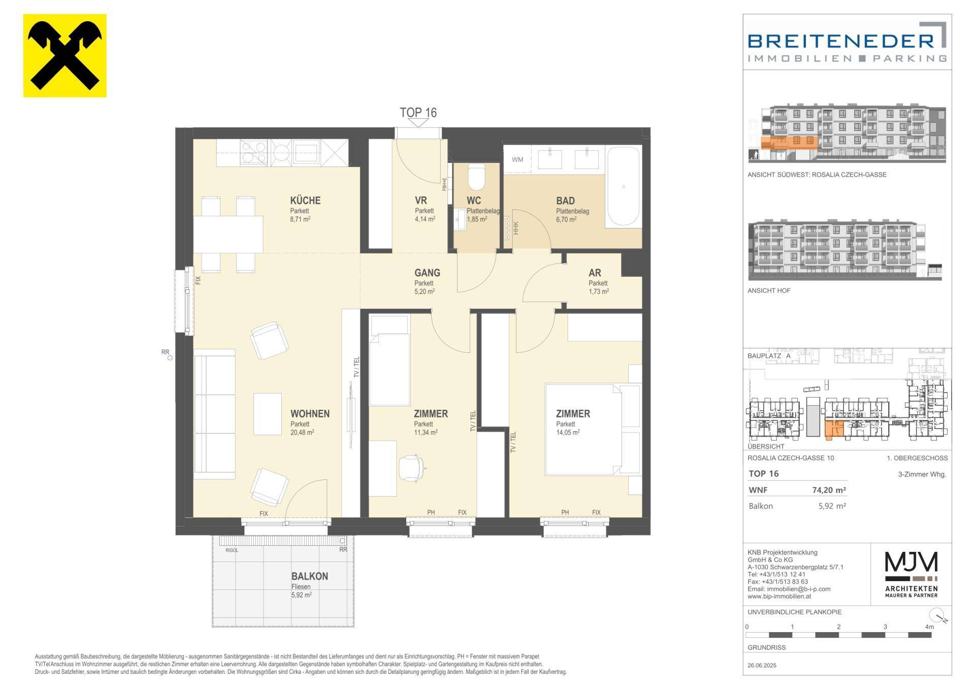 Grundriss einer 3-Zimmer-Wohnung mit separater Küche, Bad, WC und Balkon.