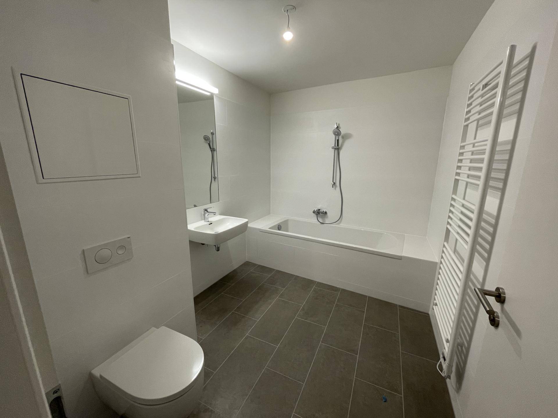 Modernes Badezimmer mit Badewanne, WC, Waschbecken und beheiztem Handtuchhalter, in hellen Farben gehalten.
