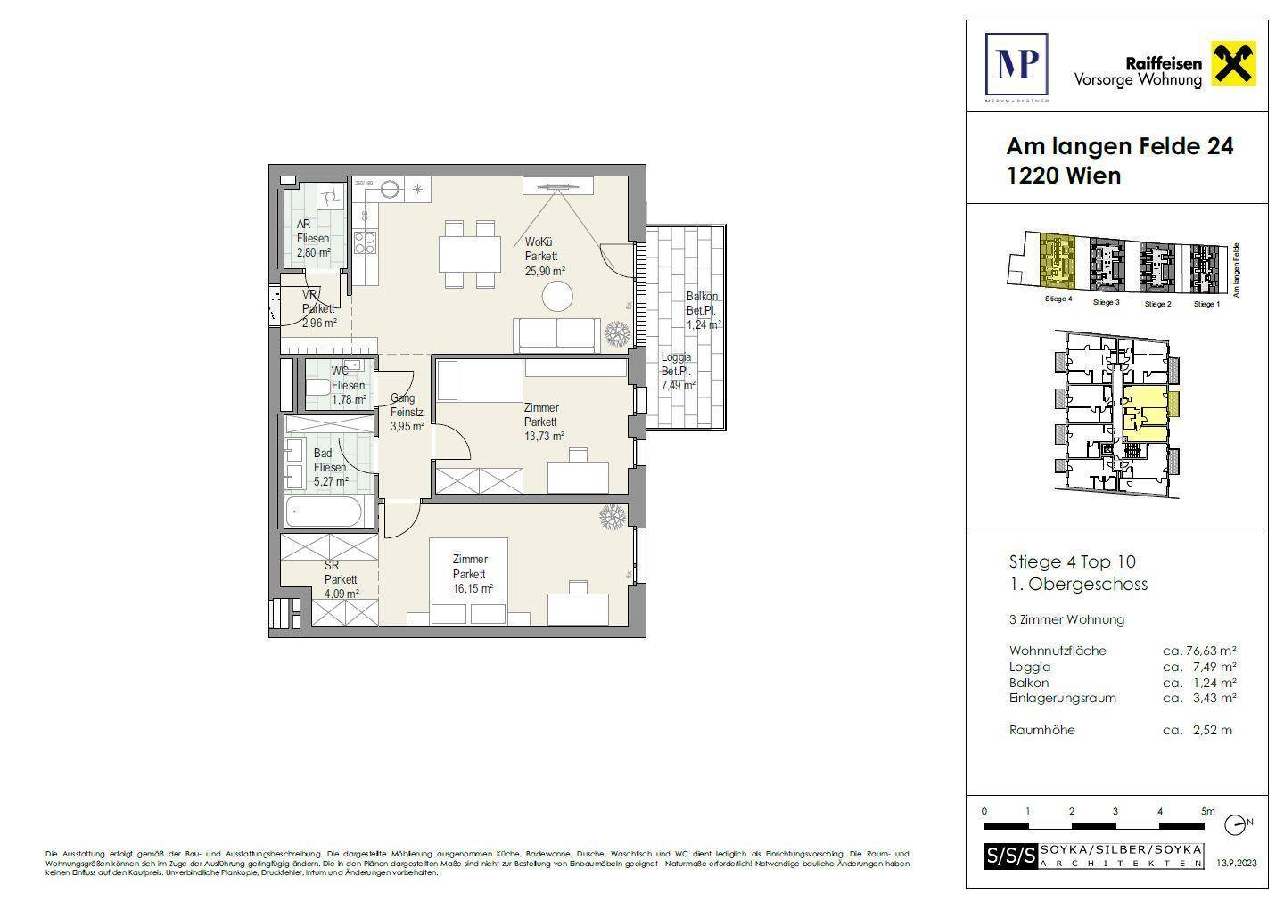 Detaillierter Grundriss einer 3-Zimmer-Wohnung mit Loggia und Balkon.
