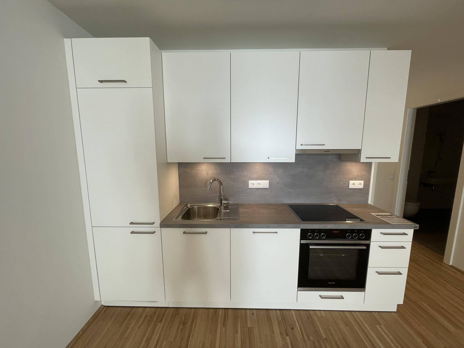 Detailansicht der modernen Einbauküche mit weißen Schränken, Induktionskochfeld und integriertem Backofen.