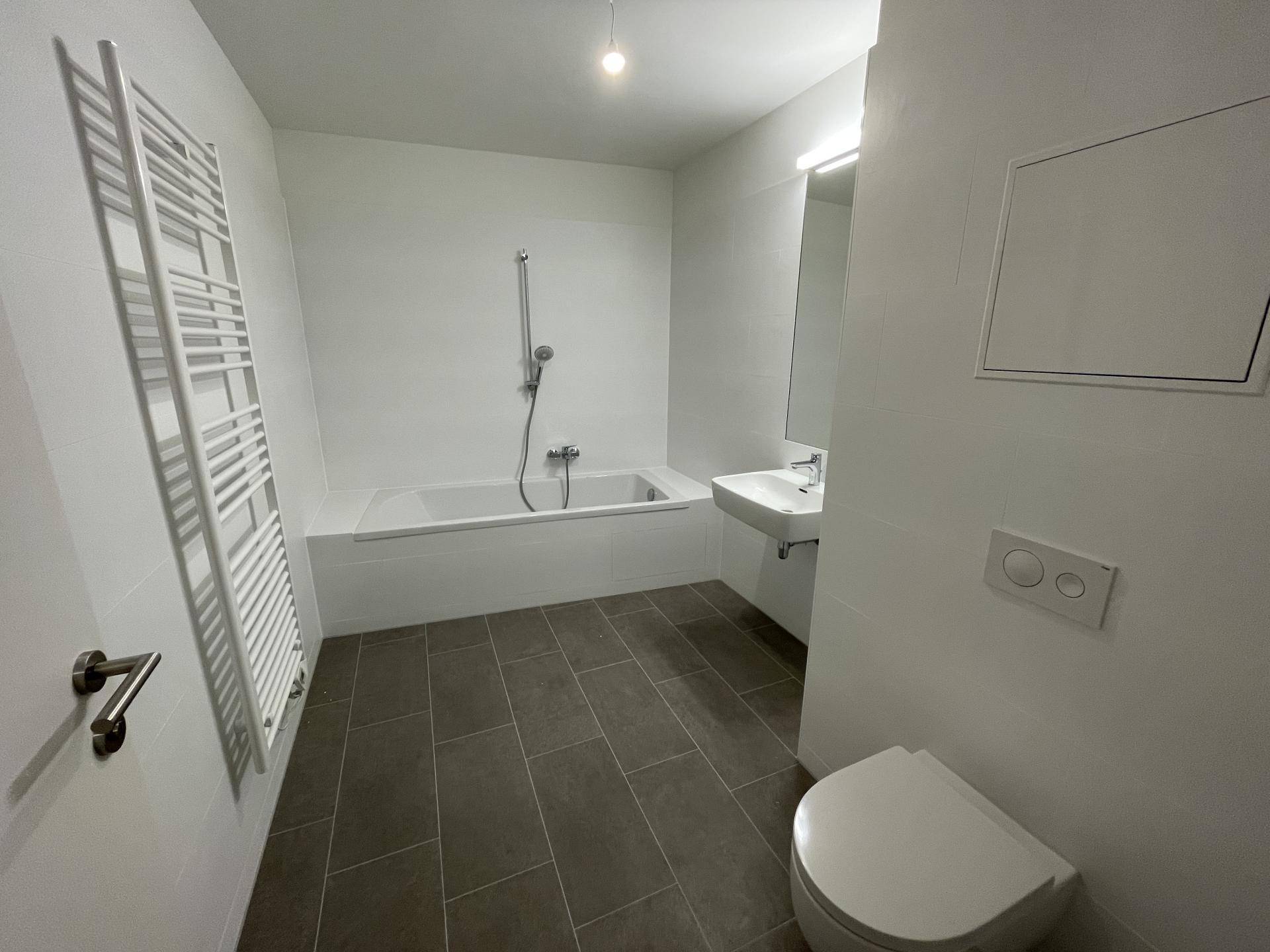 Modernes Badezimmer mit Badewanne, Waschbecken, WC und beheiztem Handtuchhalter.