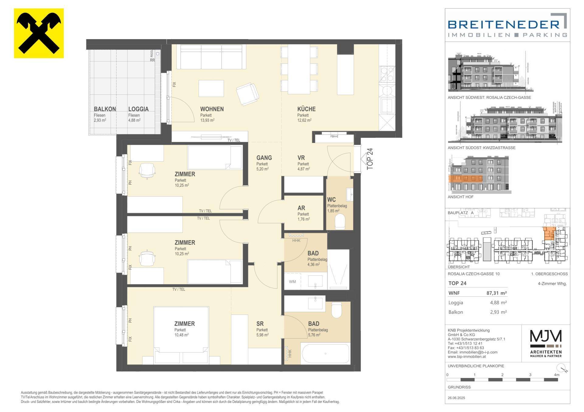Detaillierter Grundriss einer 4-Zimmer-Wohnung mit Balkon und Loggia.