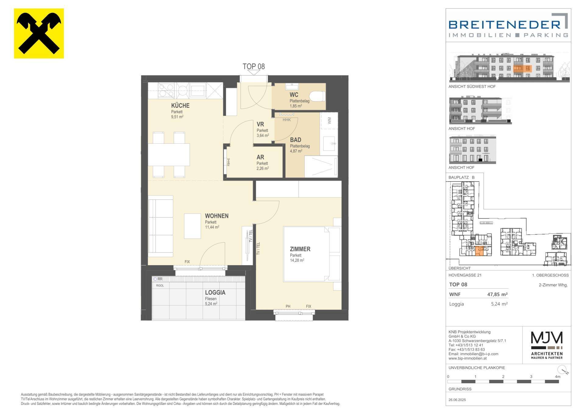 Detaillierter Grundriss einer 2-Zimmer-Wohnung mit Loggia und separatem WC.