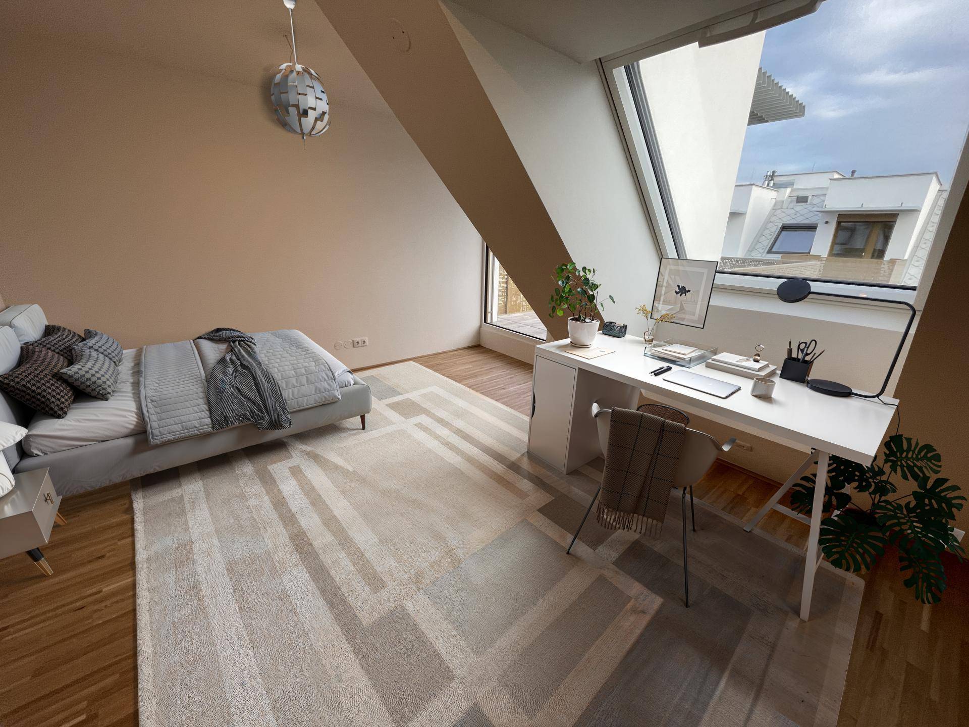 Modernes Schlafzimmer mit Arbeitsbereich, großen Dachfenstern und Holzboden.