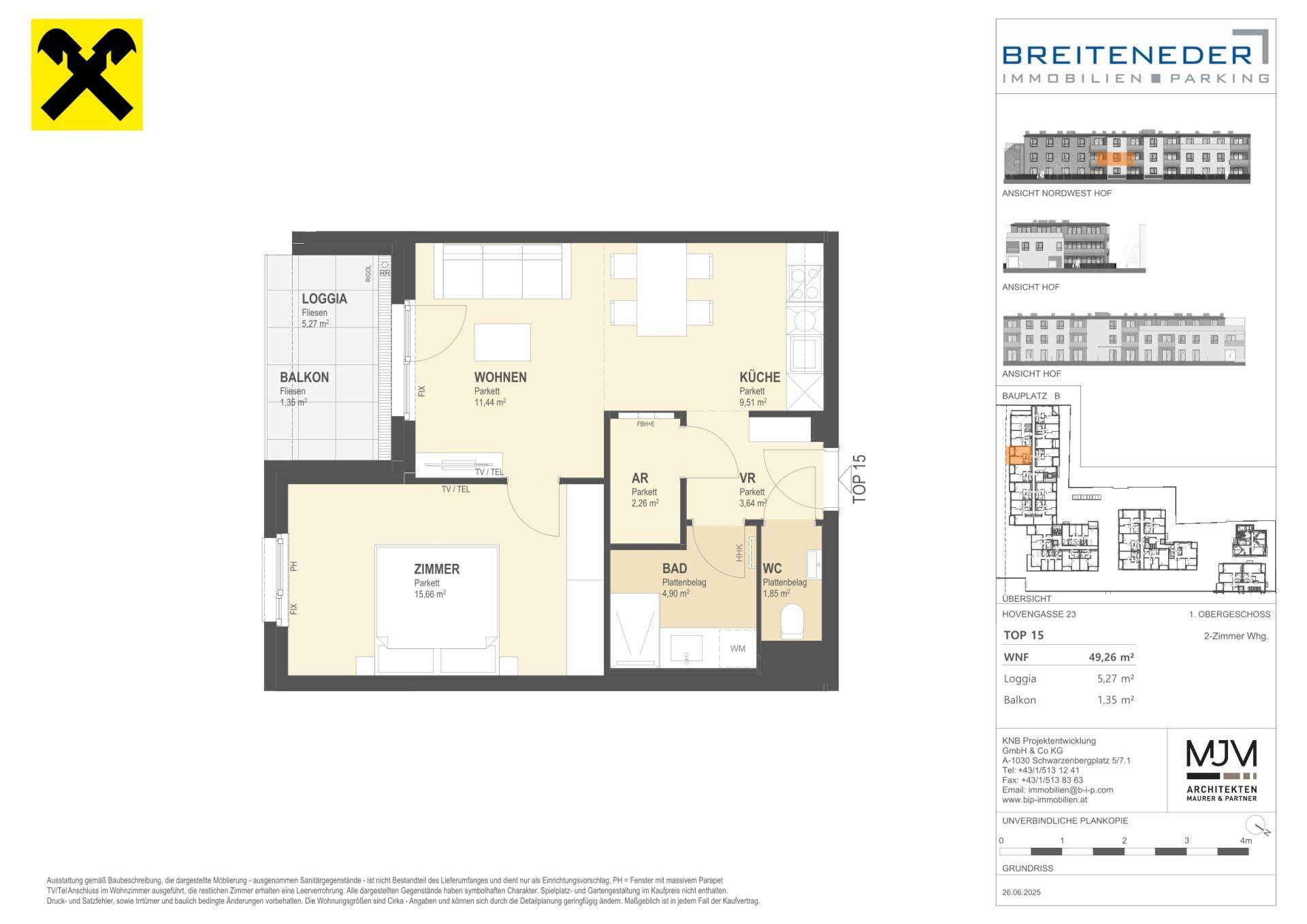 Grundriss einer 2-Zimmer-Wohnung mit offenem Wohnbereich, Balkon und Loggia.