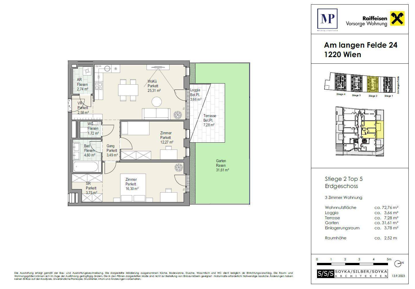 Detaillierter Grundriss einer 3-Zimmer-Wohnung mit Loggia, Terrasse und Garten.