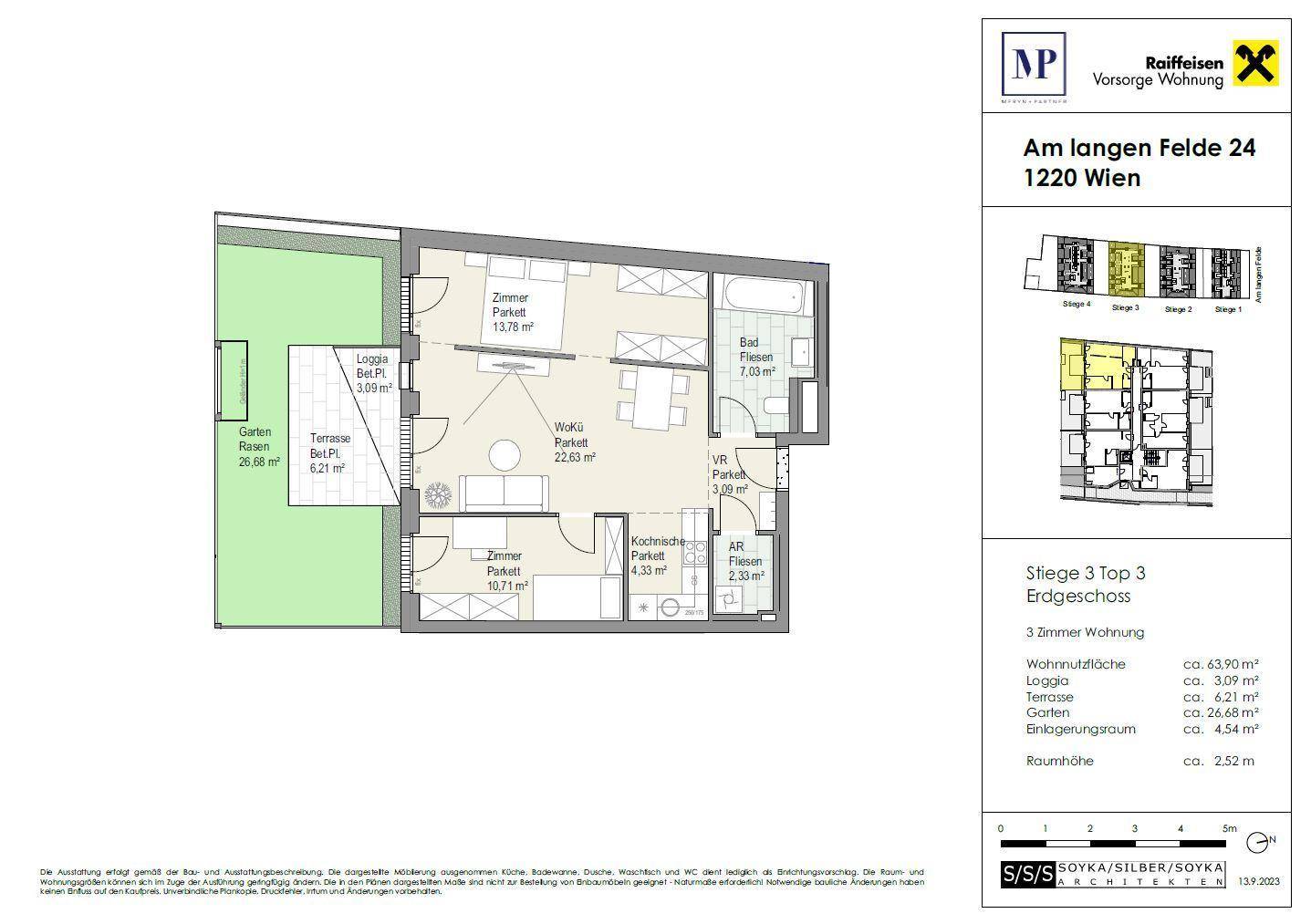 Grundriss der Erdgeschosswohnung mit Terrasse, Loggia und Gartenanteil, bietet viel Platz und Komfort.