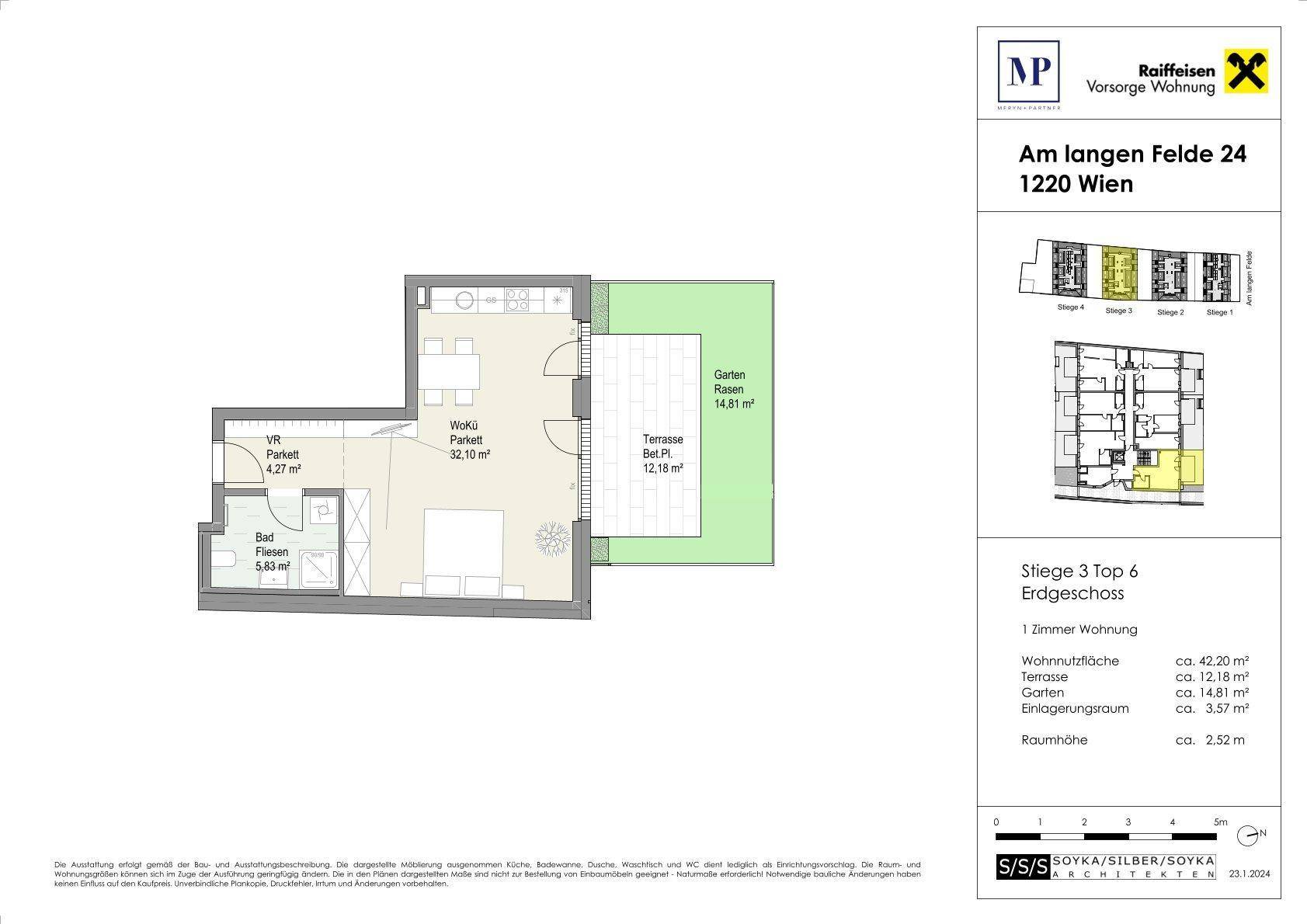 Grundriss einer Erdgeschosswohnung mit offenem Wohnbereich, Schlafzimmer, Terrasse und Garten.