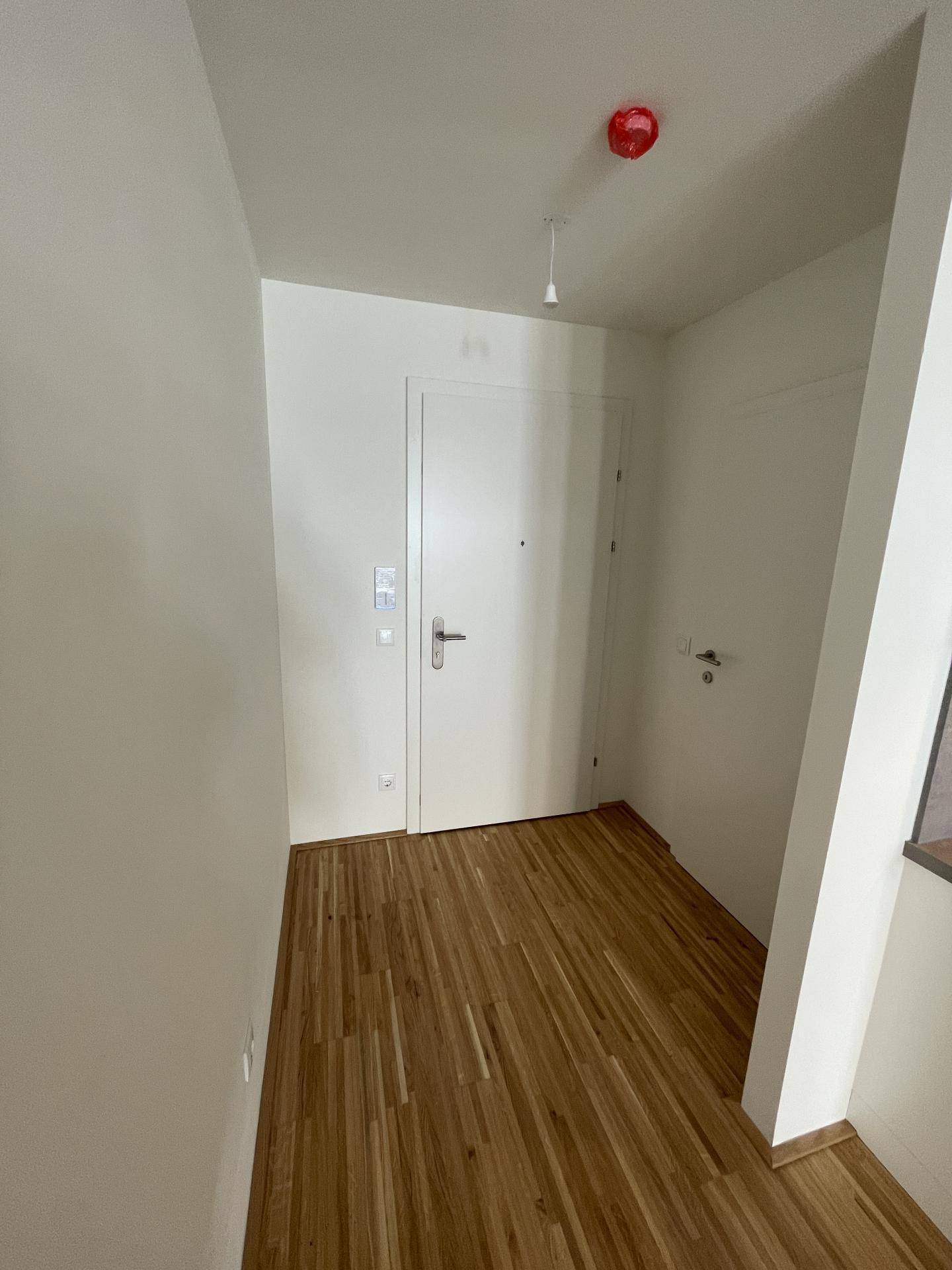 Heller Eingangsbereich mit Holzboden und Sicherheitstür, empfängt Bewohner und Gäste.