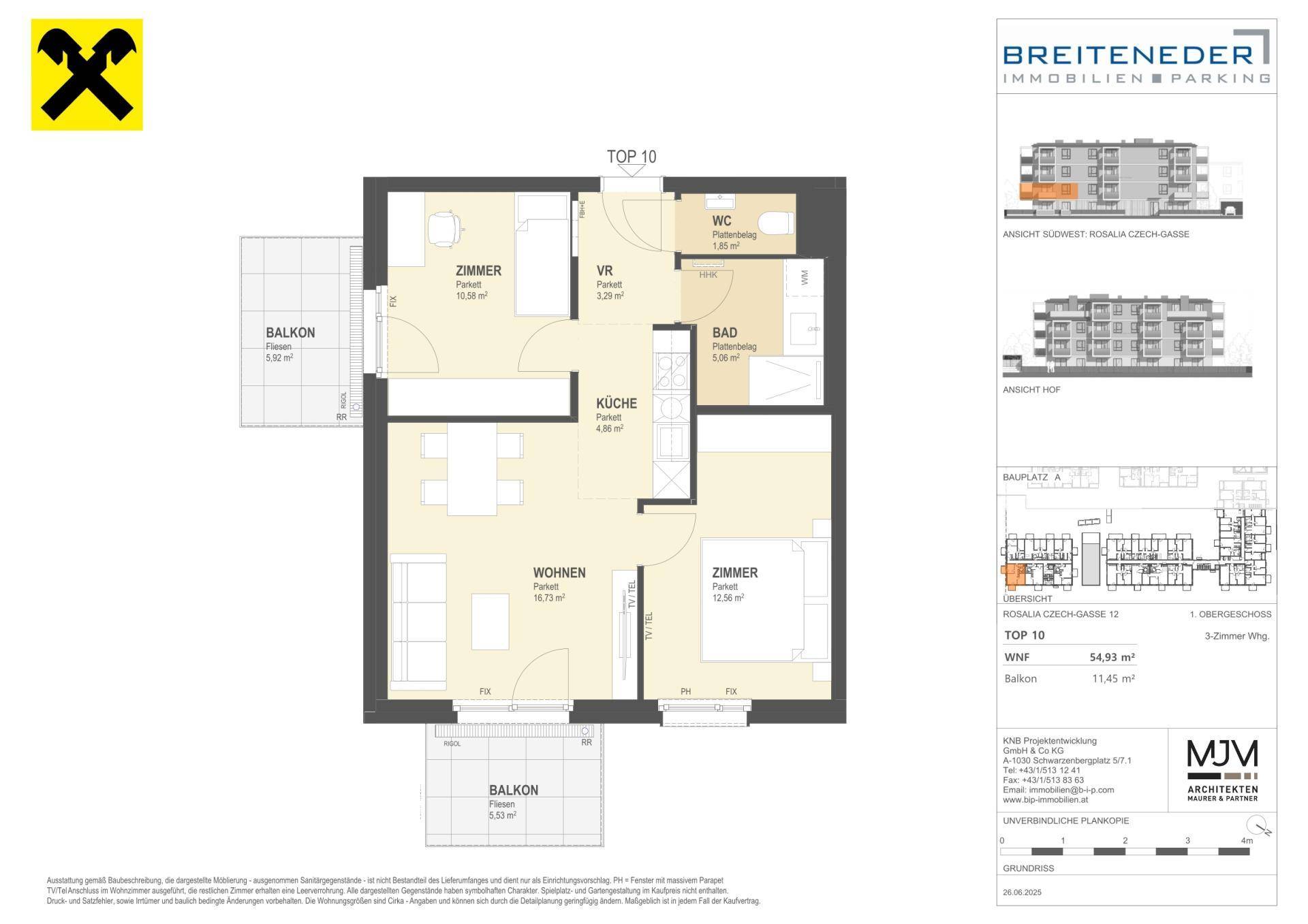 Grundriss einer Wohnung mit zwei Schlafzimmern, offenem Wohnbereich und zwei Balkonen.