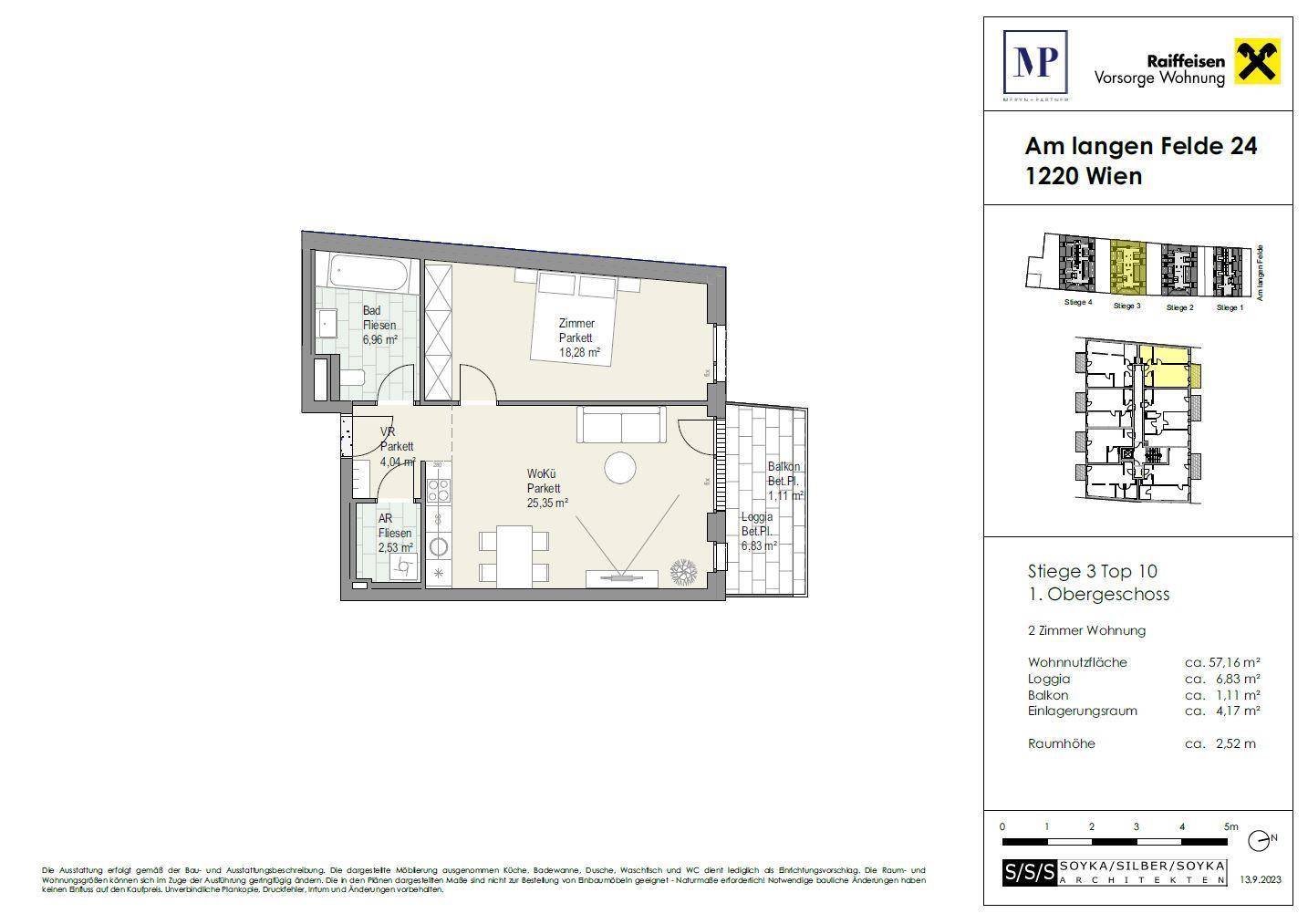 Detaillierter Grundriss einer Wohnung mit zwei Zimmern, Bad, Loggia und Balkon.
