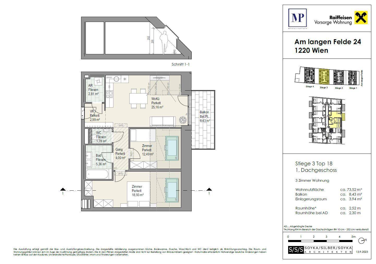 Detaillierter Grundriss einer 3-Zimmer-Wohnung mit Balkon und Dachschrägen.