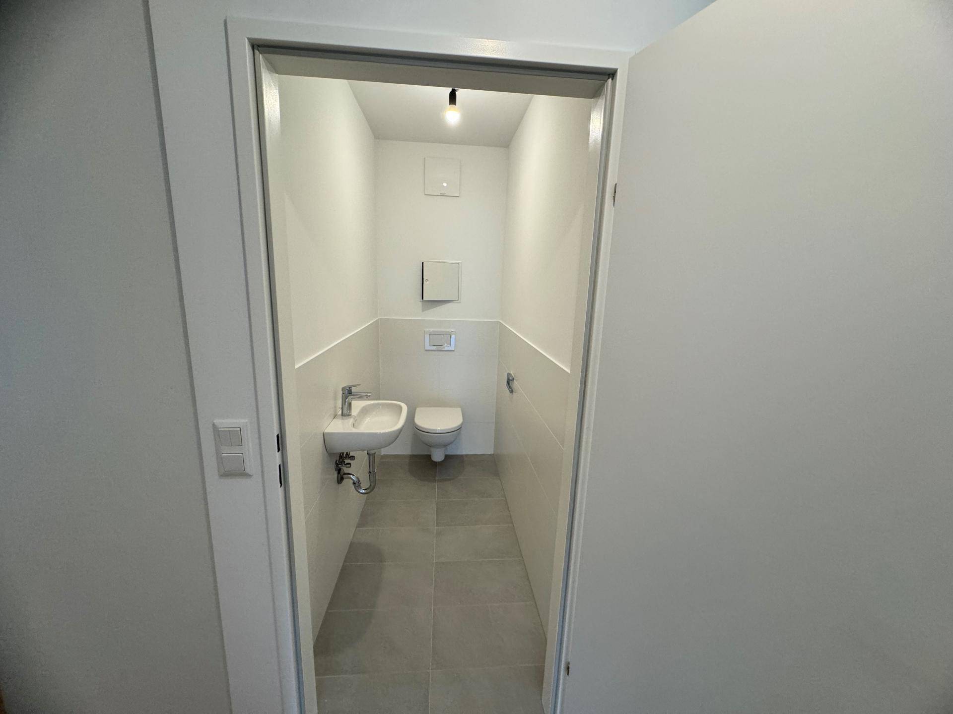 Modernes Gäste-WC mit Wand-WC, kleinem Waschbecken und grauen Fliesen.