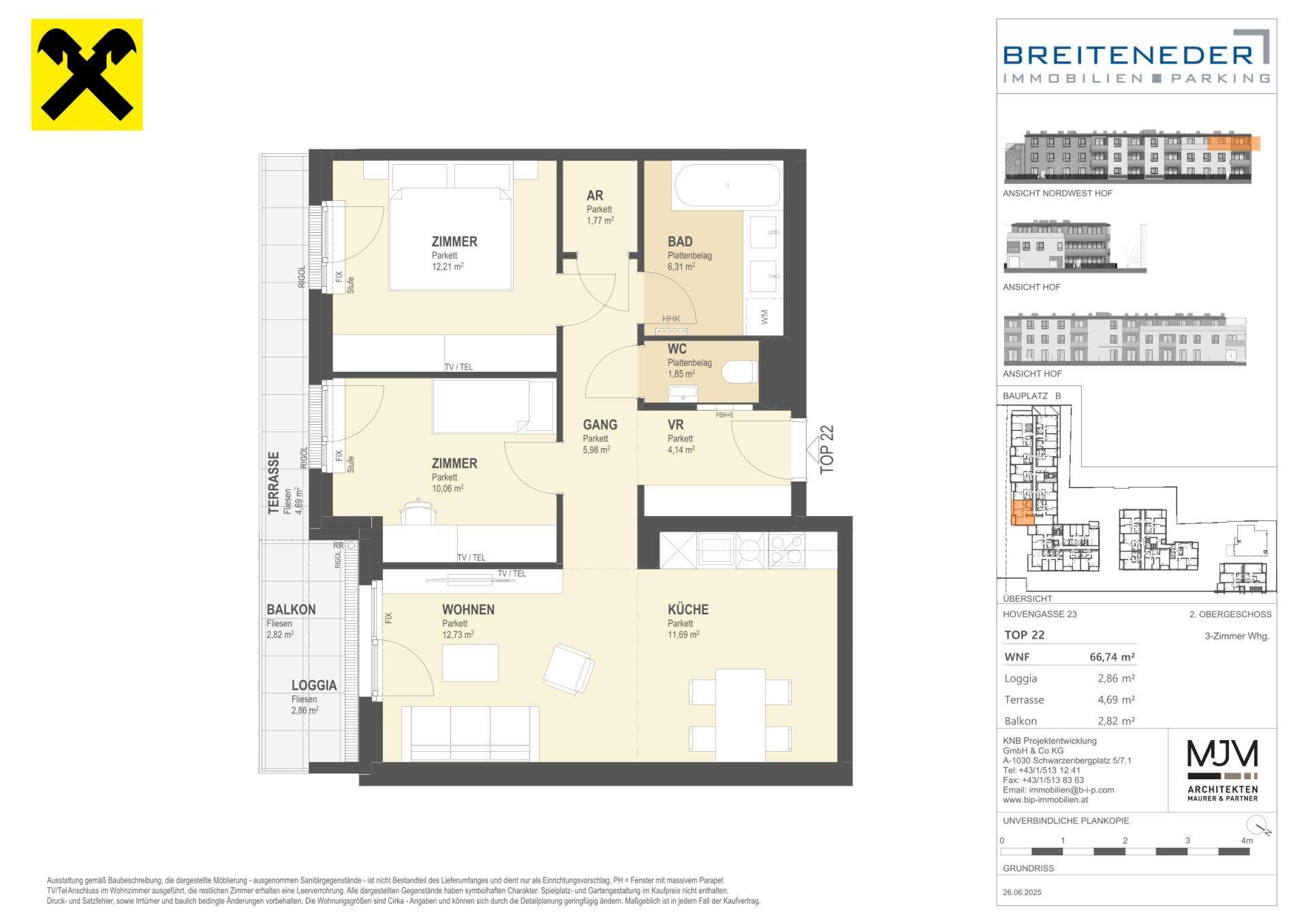 Grundriss einer 3-Zimmer-Wohnung mit Terrasse, Balkon, Loggia und separatem WC.