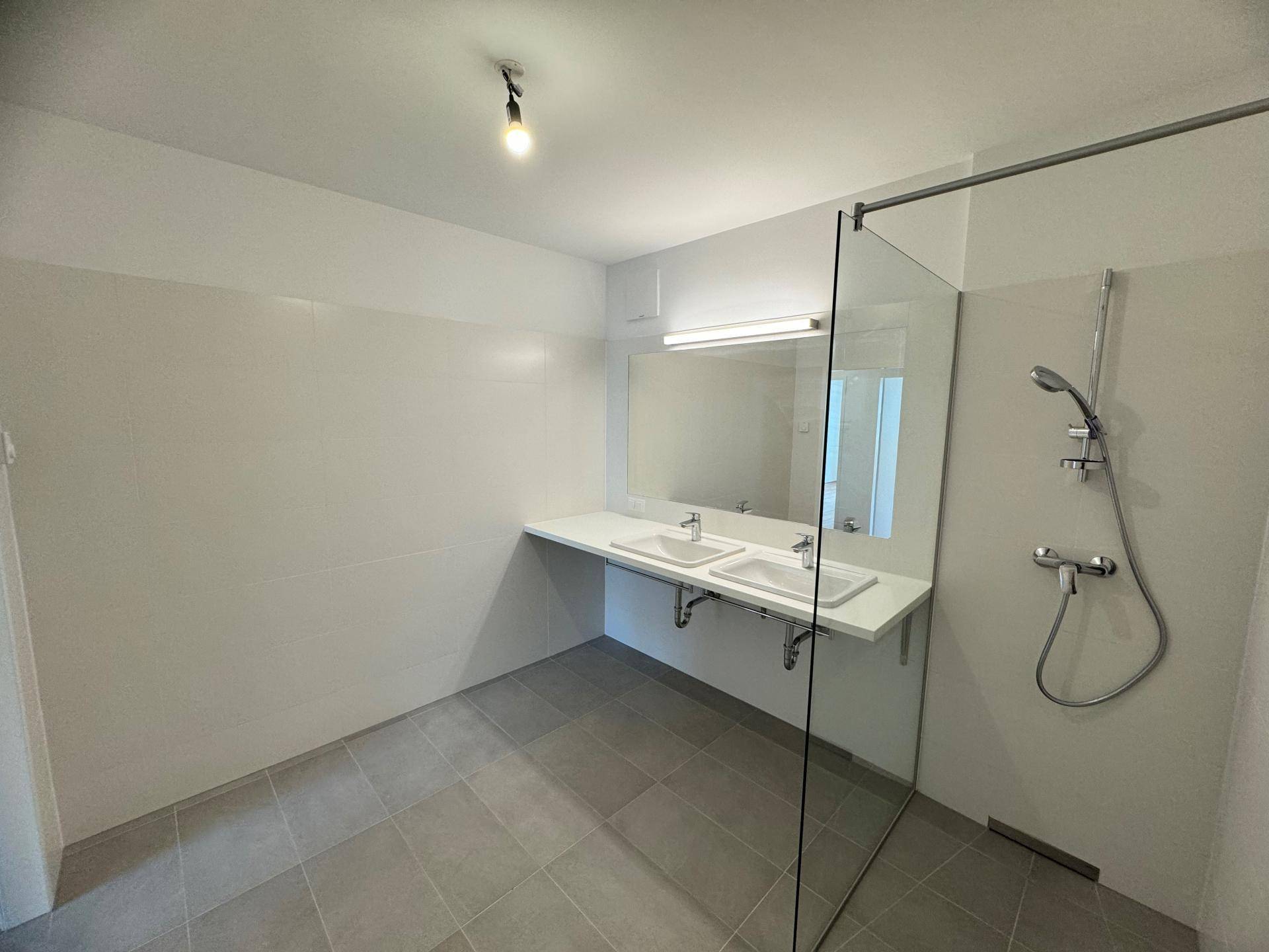Geräumiges Badezimmer mit Doppelwaschbecken, großer Dusche und grauen Fliesen.
