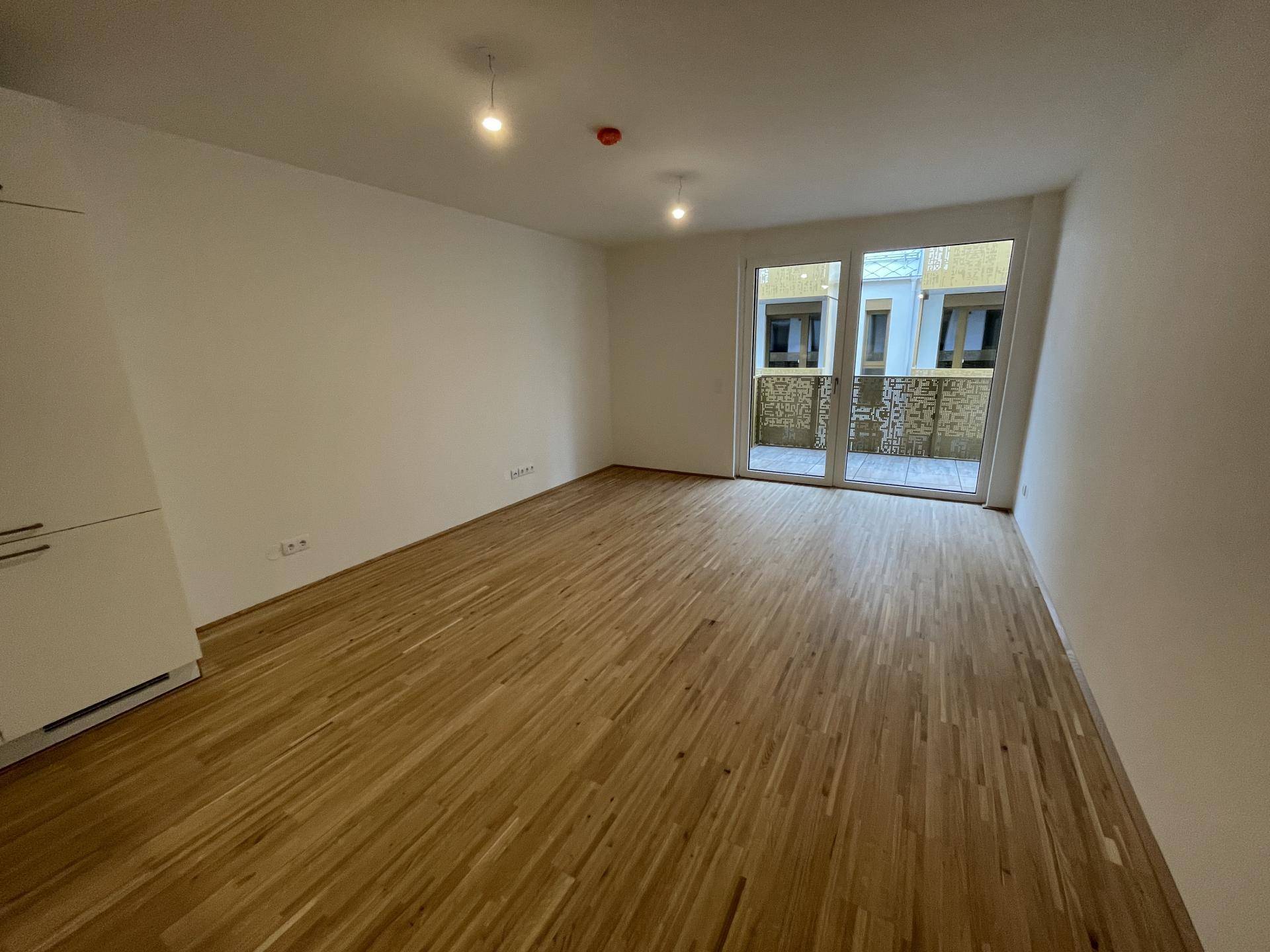 Heller, leerer Wohn-Essbereich mit Parkettboden und großen Fenstern zum Balkon.