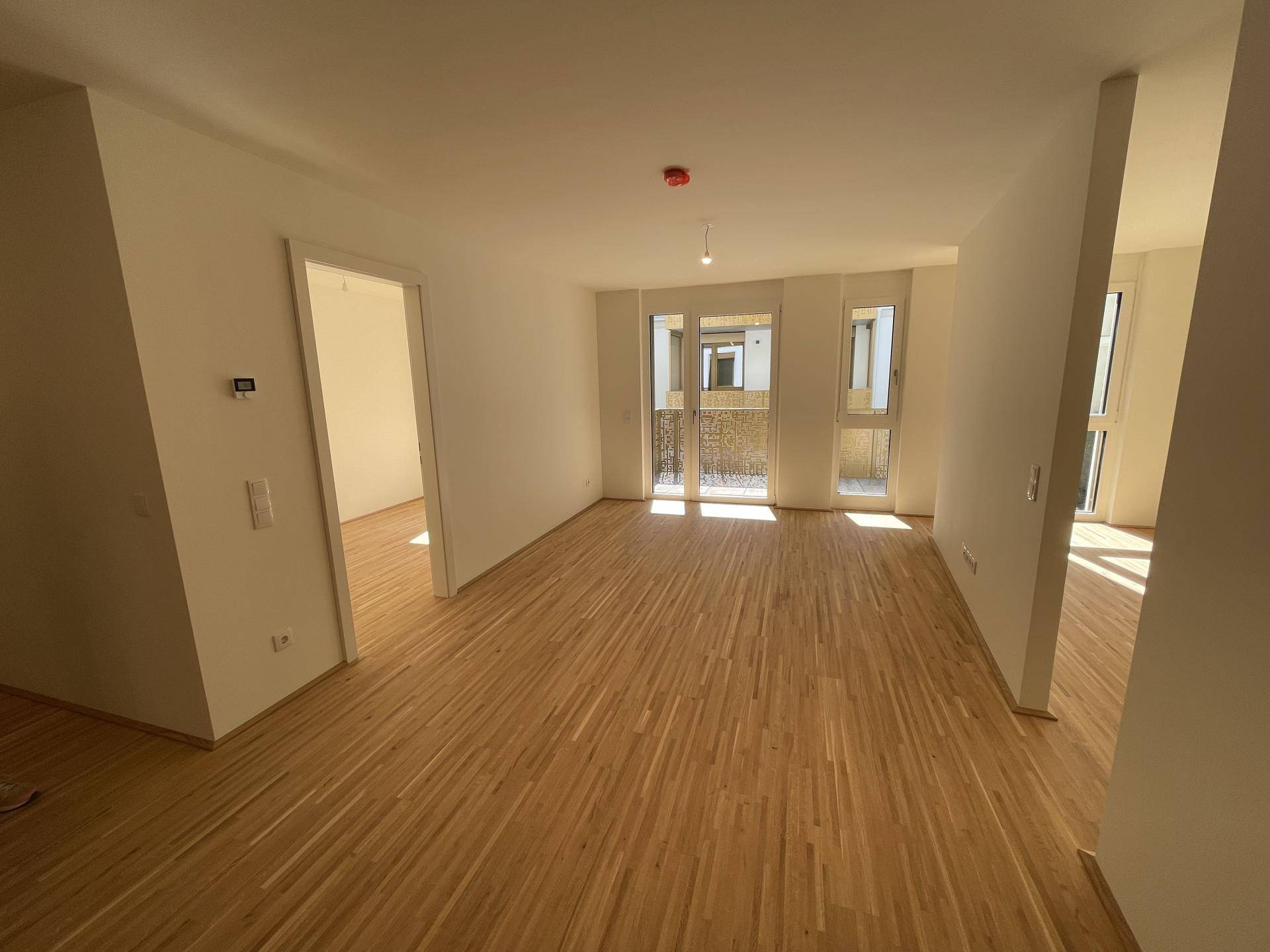 Heller Wohnbereich mit Parkettboden und Zugang zu einem Balkon, der viel Tageslicht hereinlässt.