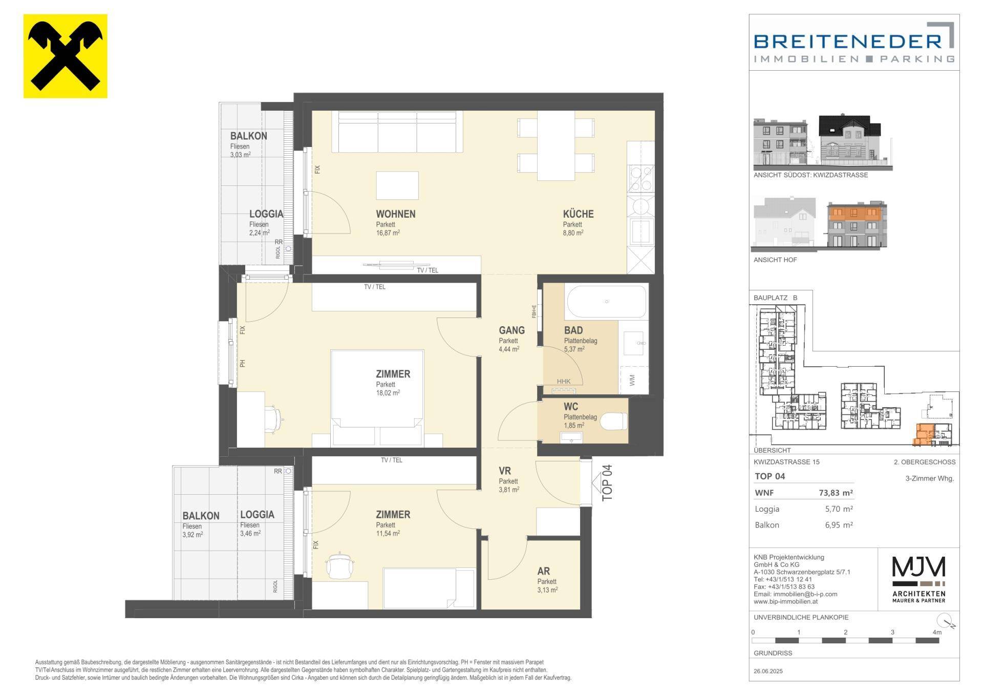Grundriss einer Wohnung mit offenem Wohnbereich, zwei Schlafzimmern, Bad und Balkon.
