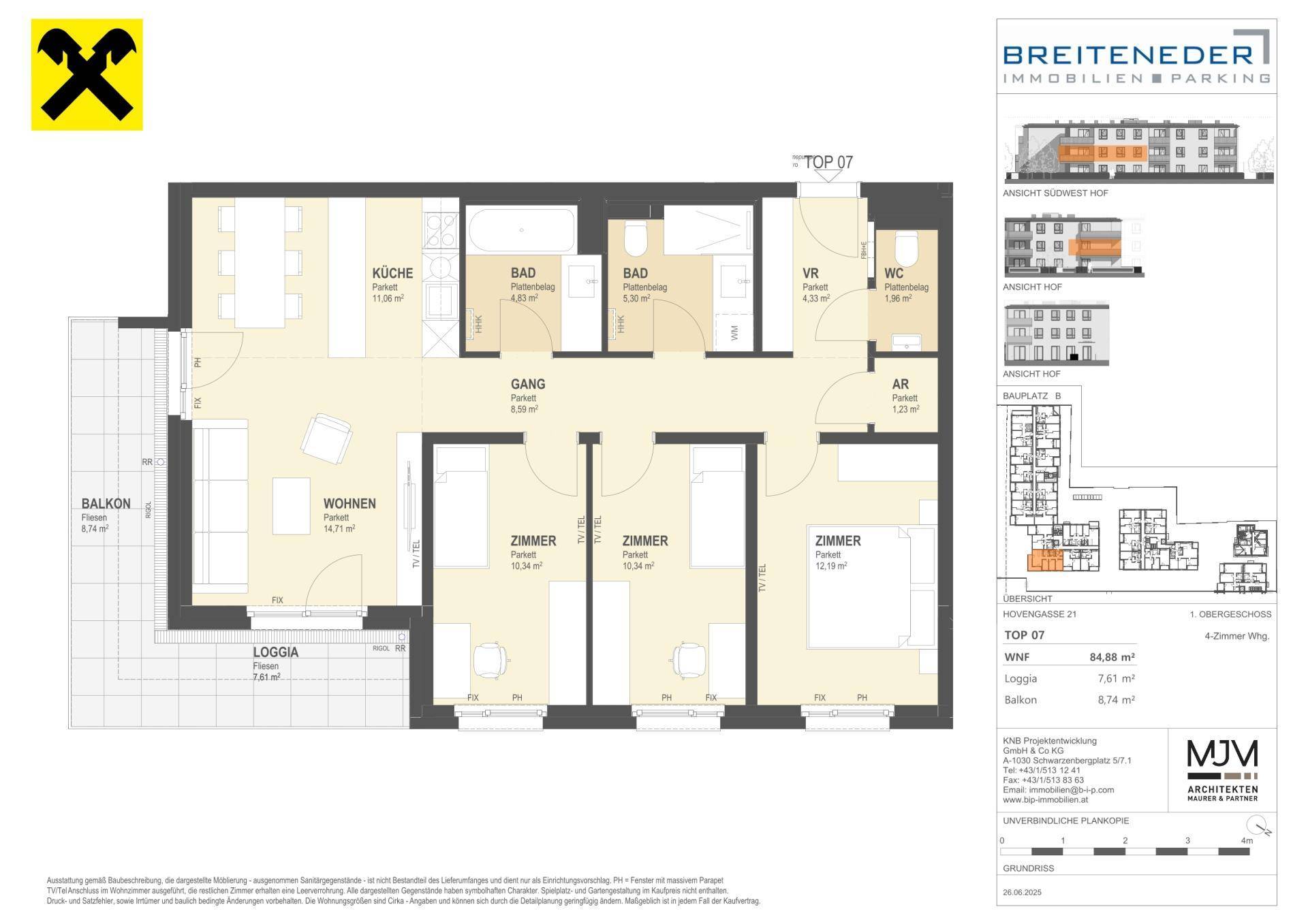 Detaillierter Grundriss einer 4-Zimmer-Wohnung mit Loggia und Balkon im Obergeschoss.