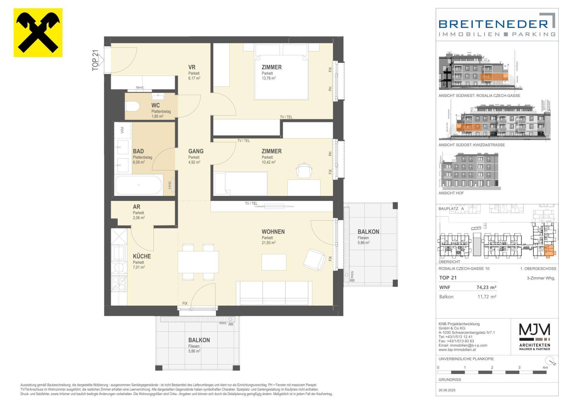 Grundriss einer 3-Zimmer-Wohnung mit Balkon und separatem WC.