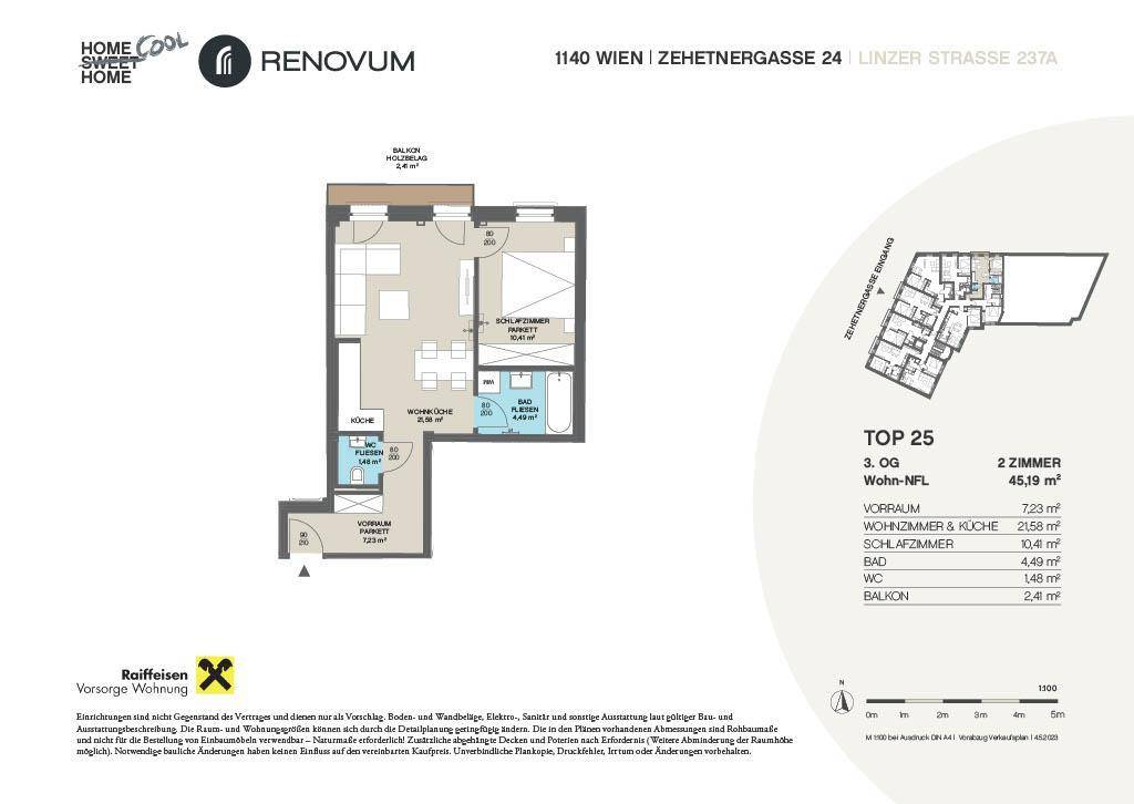 Grundriss der Wohnung Top 25 im 3. Obergeschoss mit 2 Zimmern und Balkon.