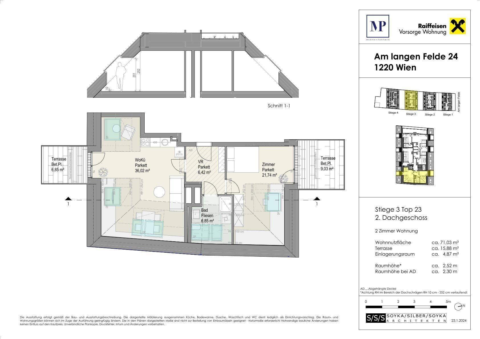 Grundriss einer Dachgeschosswohnung mit Terrasse und Schnittansicht.