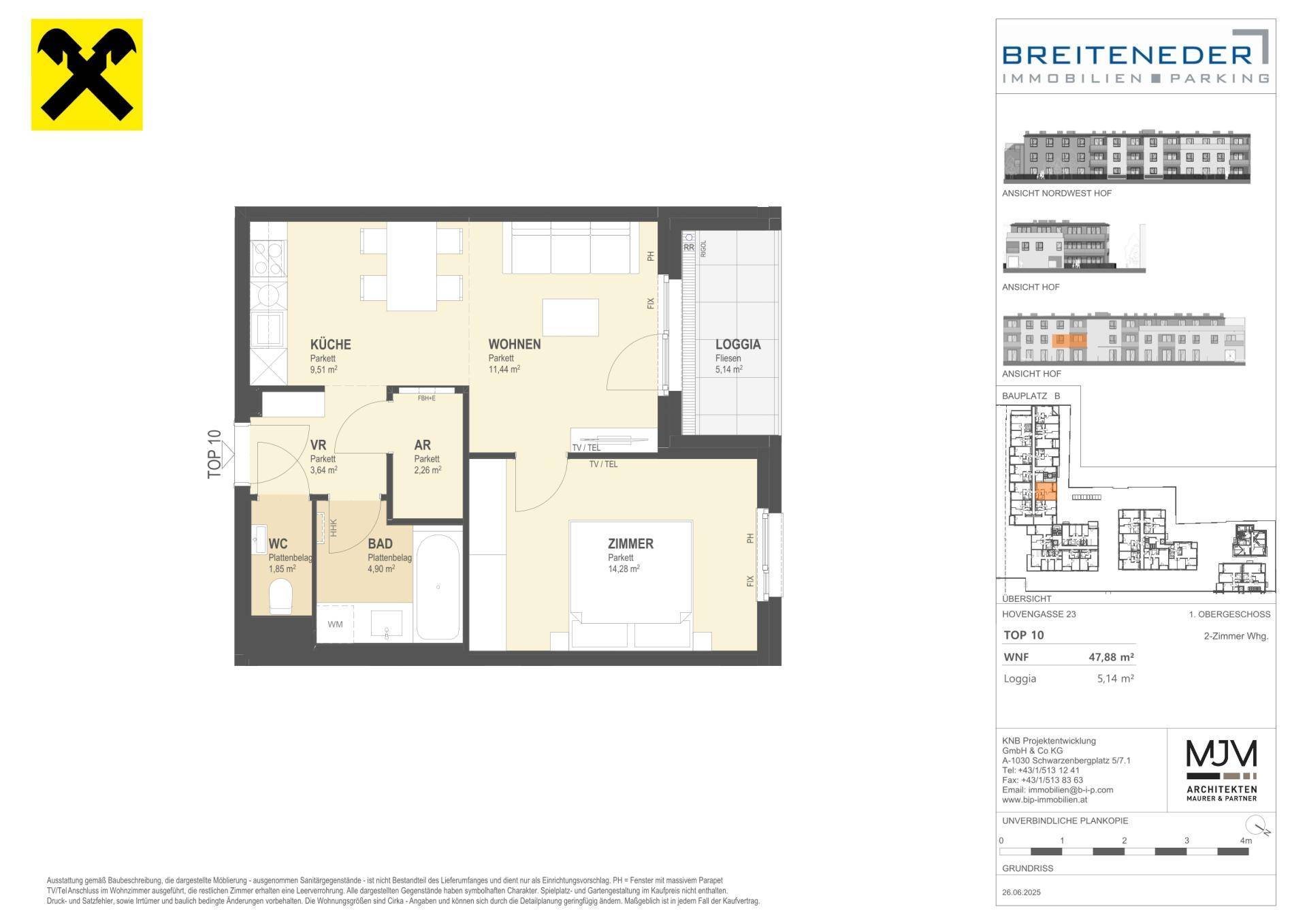 Grundriss einer Wohnung mit offenem Wohnbereich, separatem Schlafzimmer, Loggia und Abstellraum.