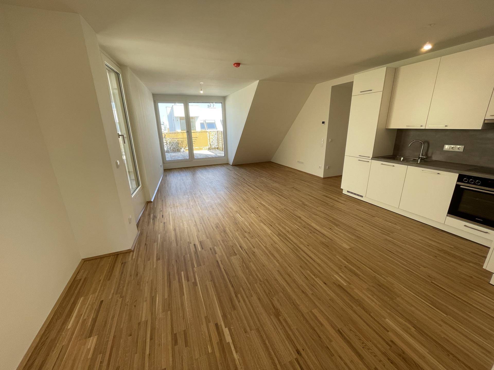 Offener Wohnbereich mit integrierter Küche, Parkettboden und Zugang zu einem Balkon oder Terrasse.