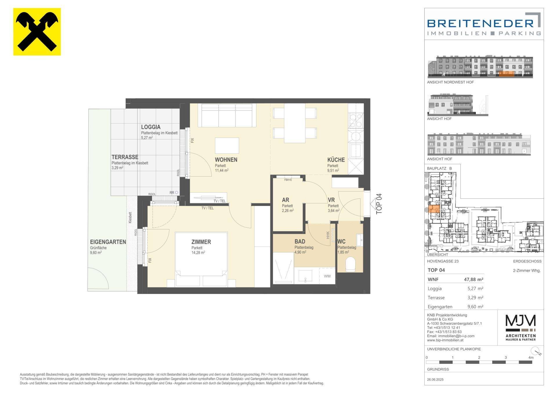 Grundriss der Wohnung TOP 04 mit Terrasse, Loggia und eigenem Gartenbereich.