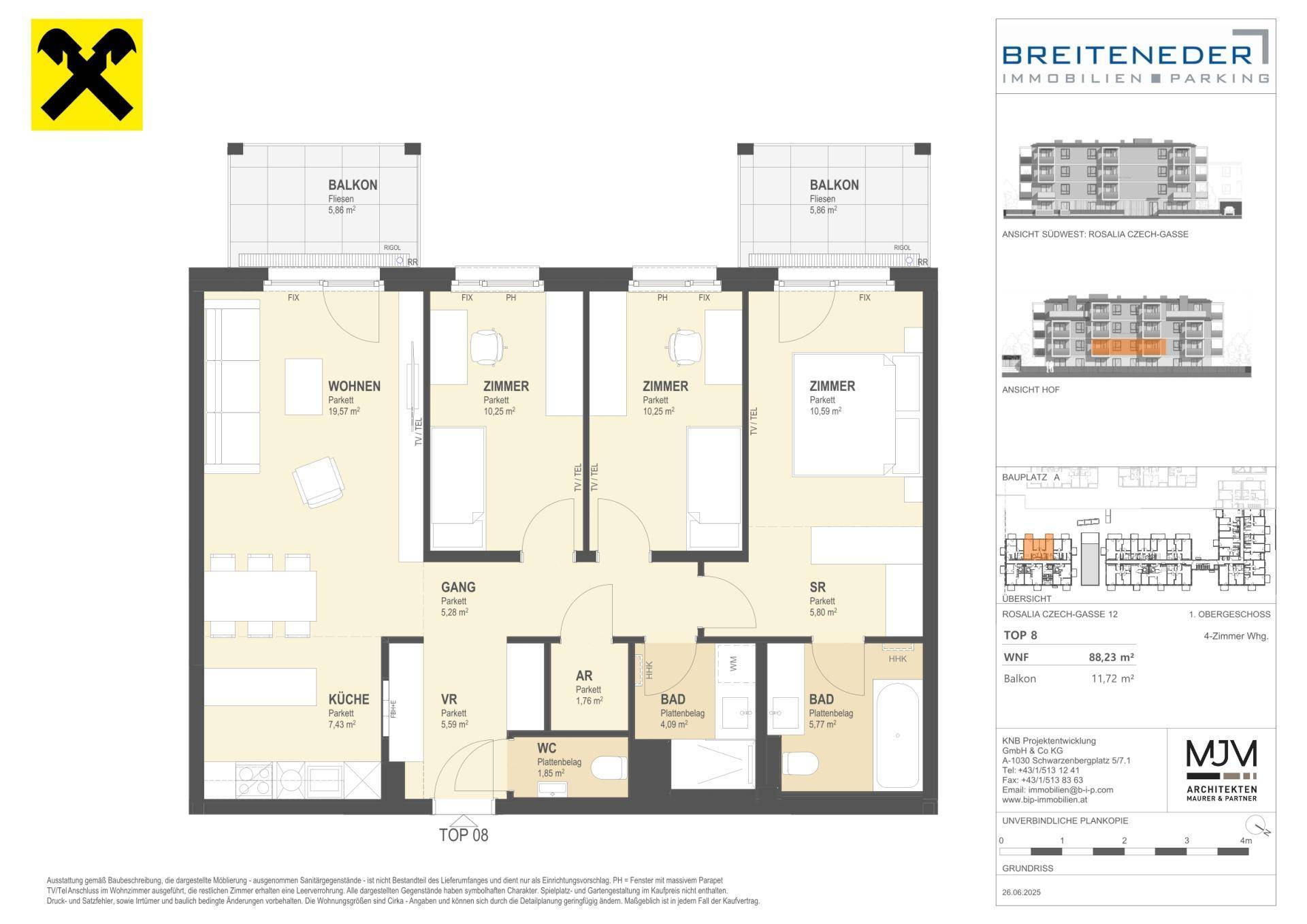 Detaillierter Grundriss einer 4-Zimmer-Wohnung mit zwei Bädern und Balkonen im Obergeschoss.