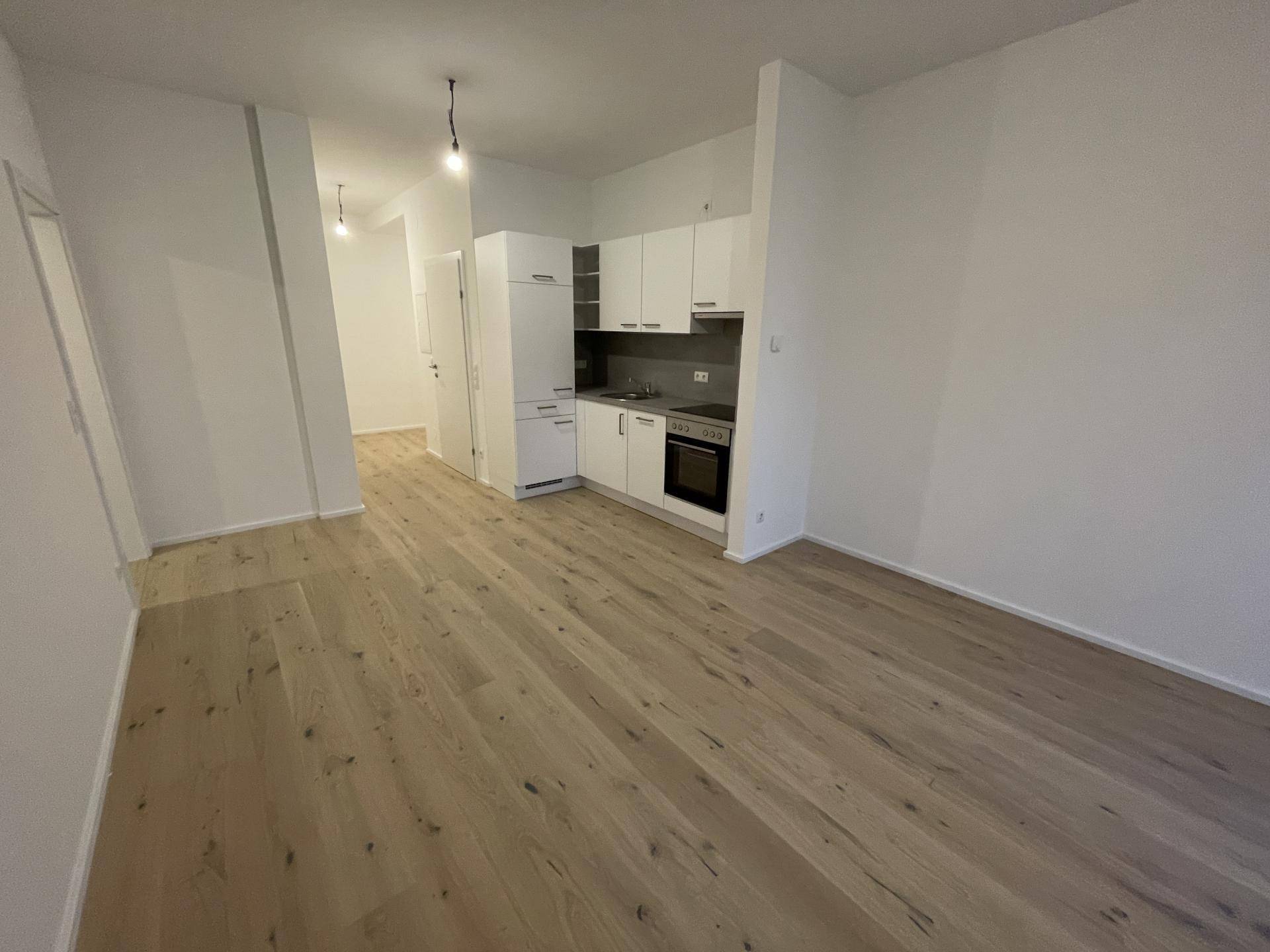Heller, offener Wohnbereich mit Holzboden und integrierter Küchenzeile, ideal für modernes Wohnen.