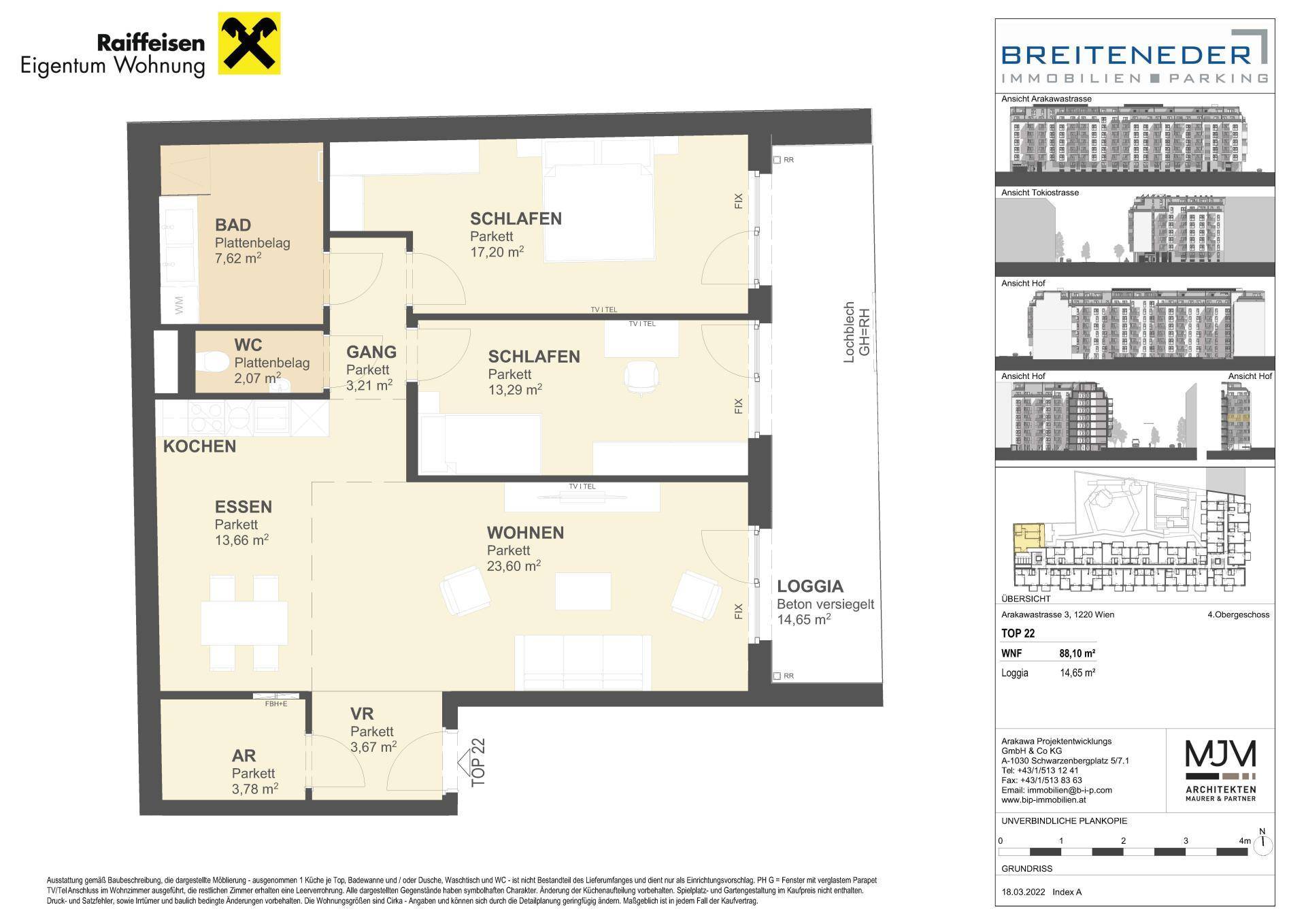 Grundriss der Wohnung mit drei Schlafzimmern, Loggia und offenem Wohnbereich.