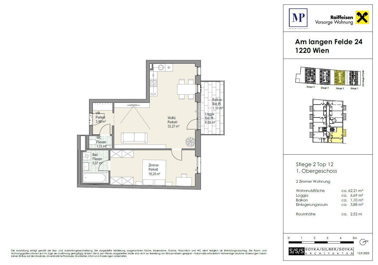 Grundriss der Wohnung mit Wohn-Essbereich, Schlafzimmer und Balkon.