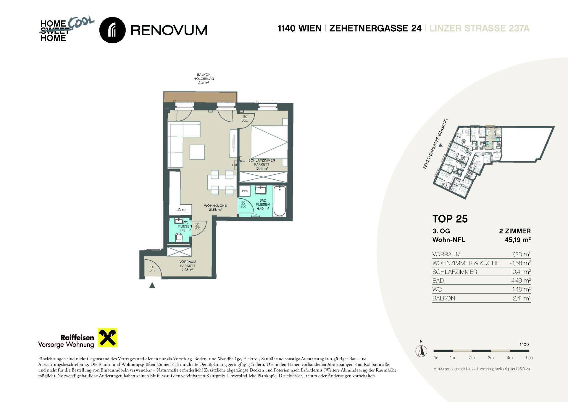 Grundriss der Wohnung Top 25 im 3. Obergeschoss mit 2 Zimmern und Balkon.