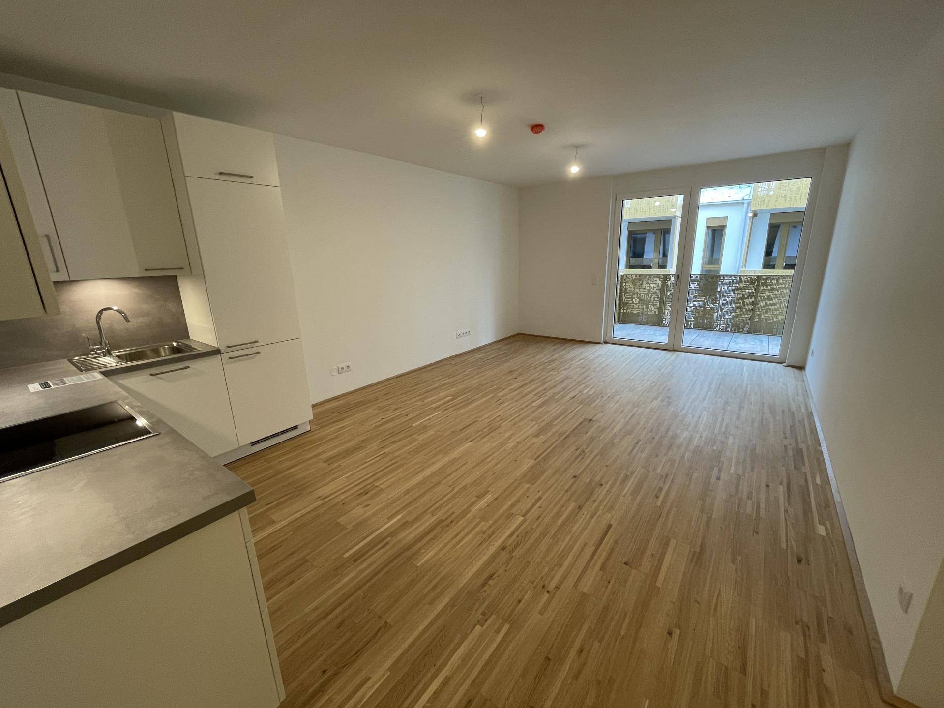 Geräumiger offener Wohn-Essbereich mit integrierter Küche, Parkettboden und Balkonzugang.