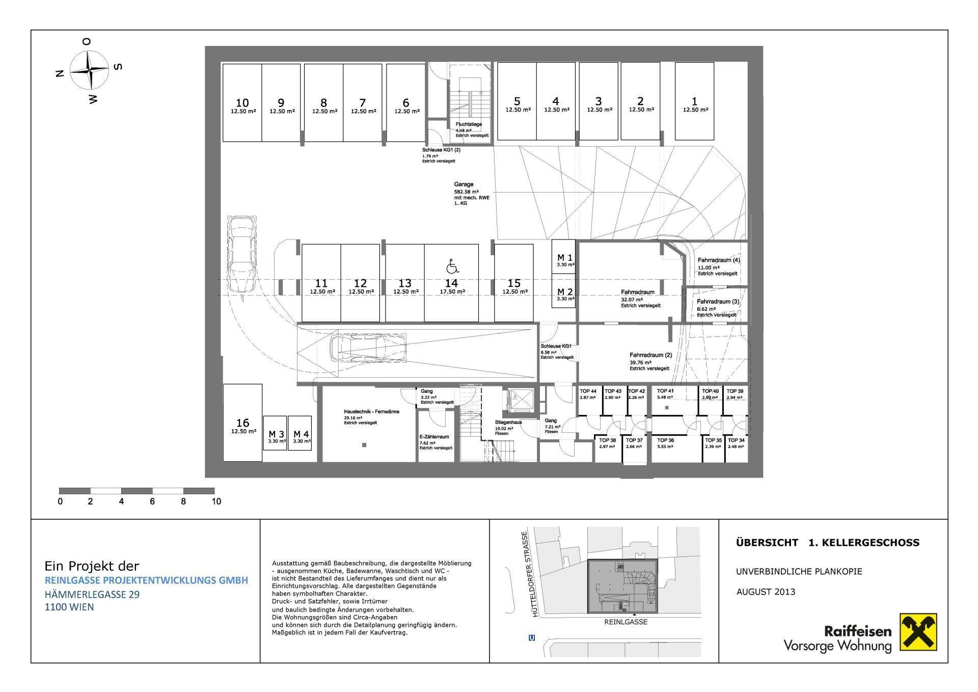 Grundriss des ersten Kellergeschosses mit Tiefgaragenstellplätzen und zusätzlichen Abstellräumen.