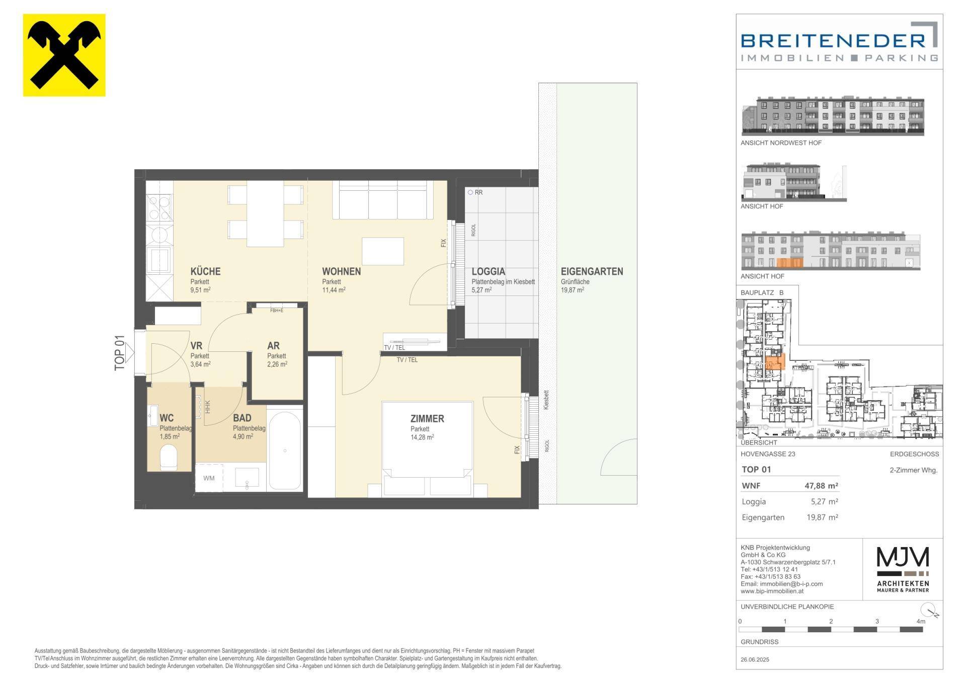 Grundriss einer 2-Zimmer-Wohnung mit Loggia und eigenem Gartenbereich.