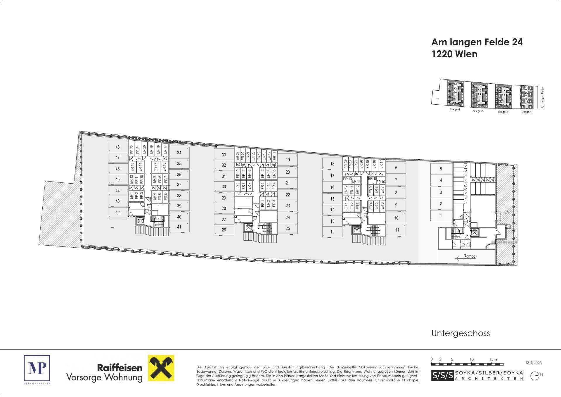 Grundriss des Untergeschosses mit zahlreichen Tiefgaragenstellplätzen und technischen Räumen.