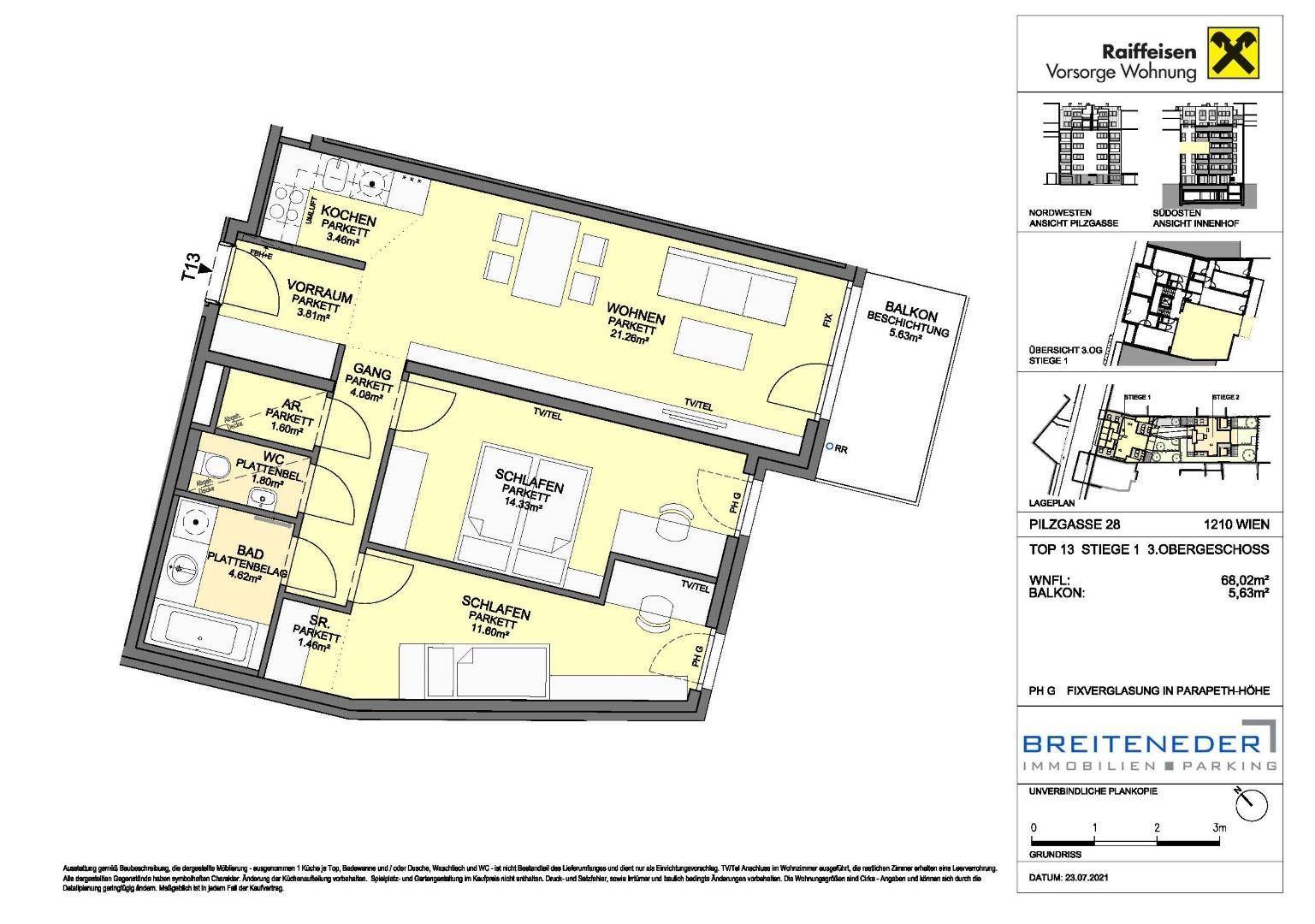 Detaillierter Grundriss einer Wohnung mit drei Zimmern, offenem Wohnbereich und Balkon.