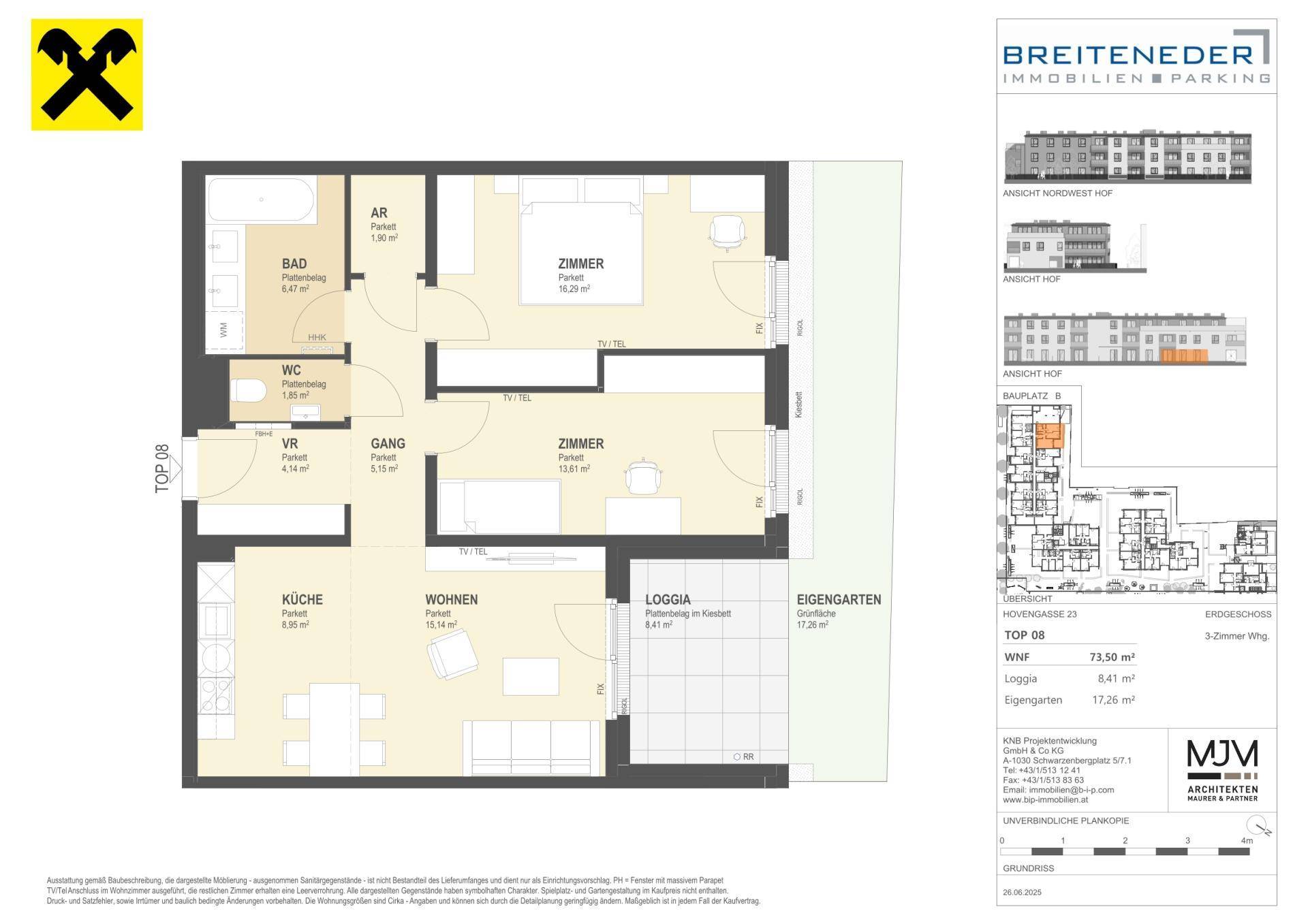 Detaillierter Grundriss einer 3-Zimmer-Wohnung mit Loggia und eigenem Gartenbereich.