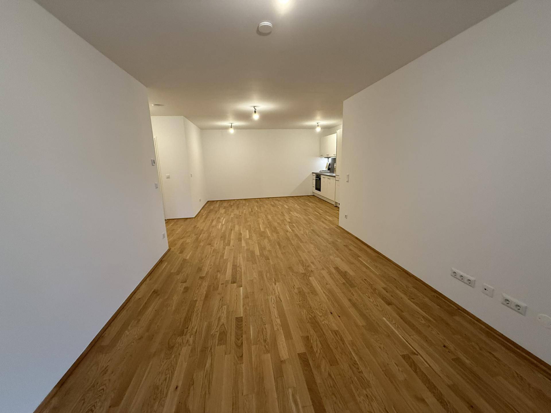 Offener Wohnbereich mit Parkettboden und vorbereiteter Küchenzeile.