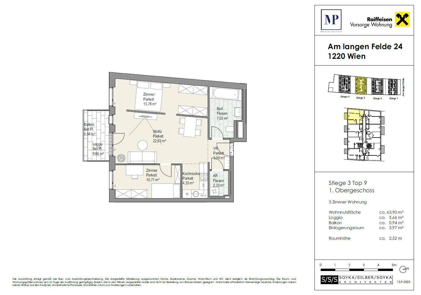 Grundriss der Wohnung im ersten Obergeschoss mit Loggia und Balkon, Gesamtfläche 63,90 m².