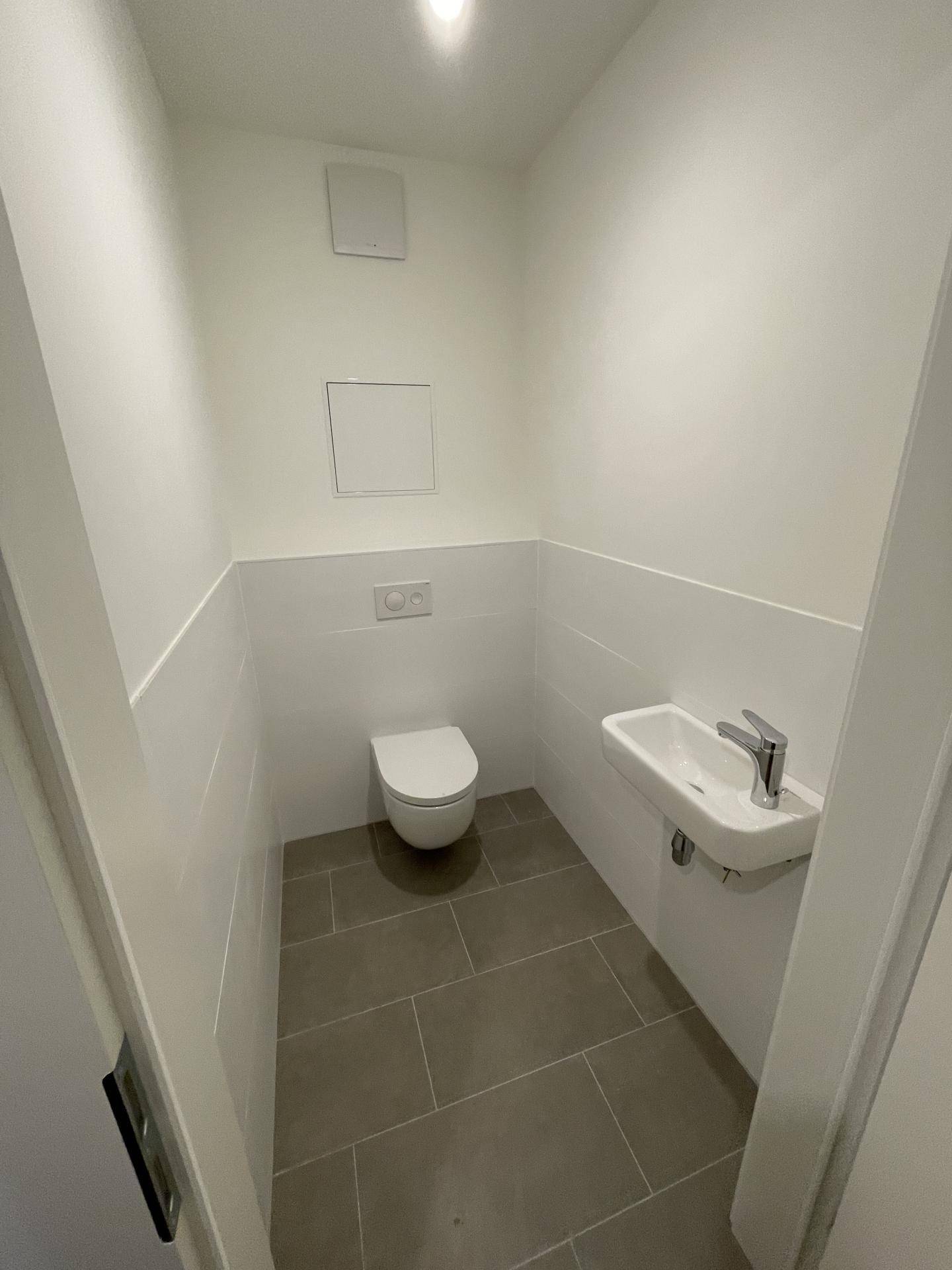 Modernes Gäste-WC mit wandhängender Toilette, kleinem Waschbecken und Fliesenboden.