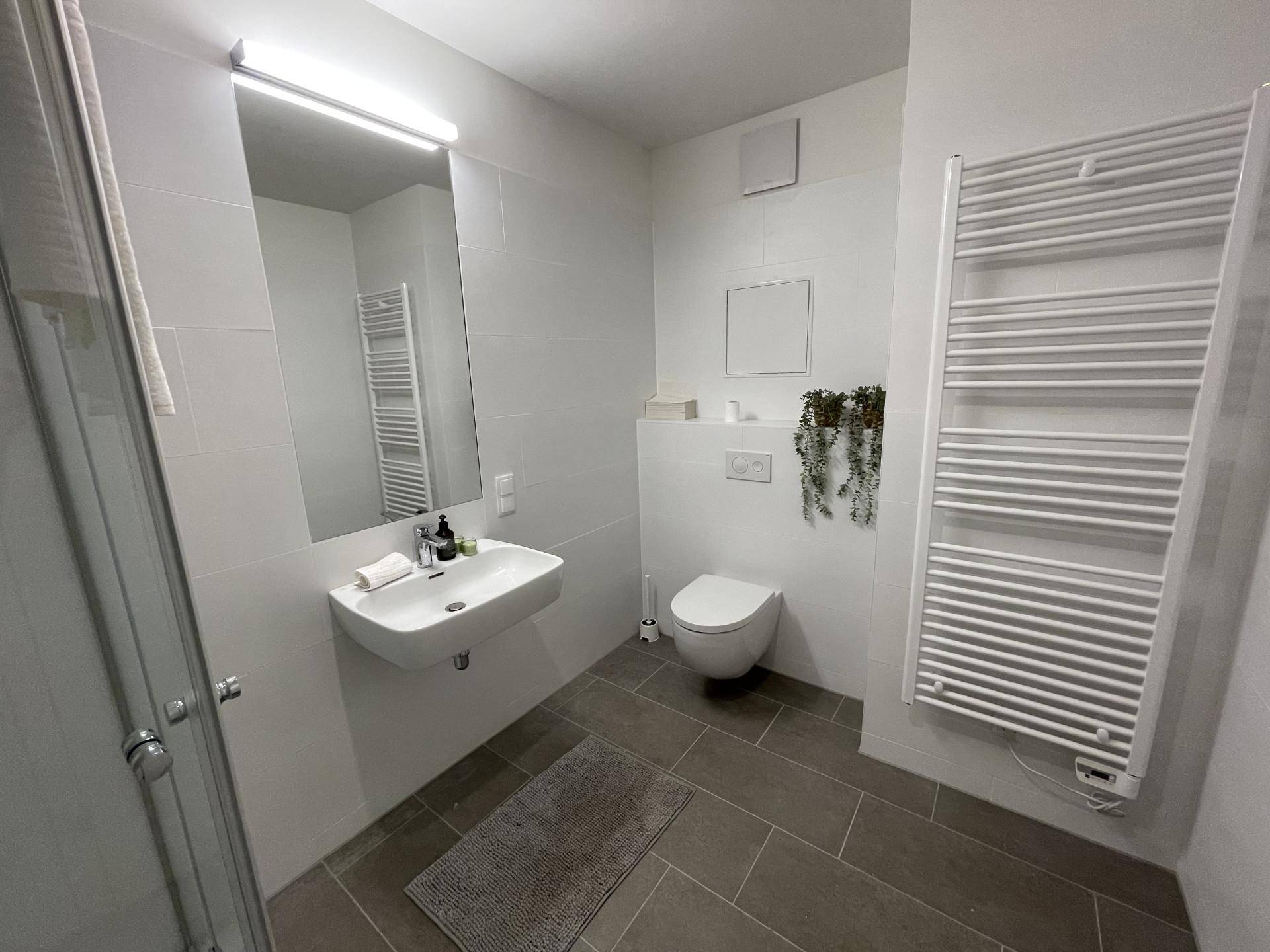 Modernes Badezimmer mit grauen Fliesen, wandhängendem WC, Dusche und Handtuchheizkörper.