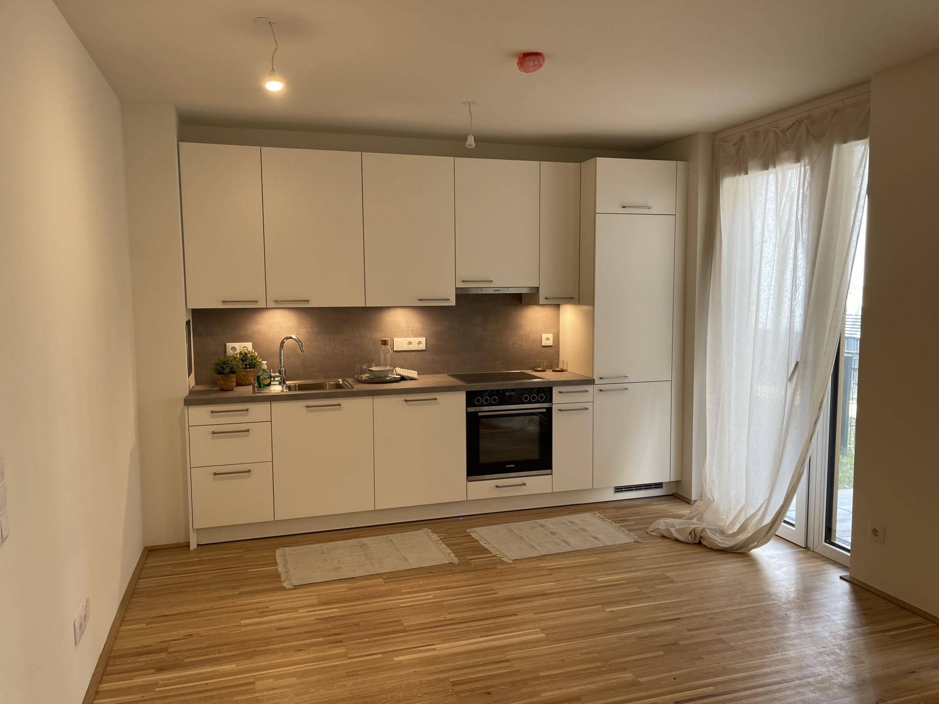 Moderne Einbauküche mit weißen Schränken, integriertem Backofen und hellem Holzboden.