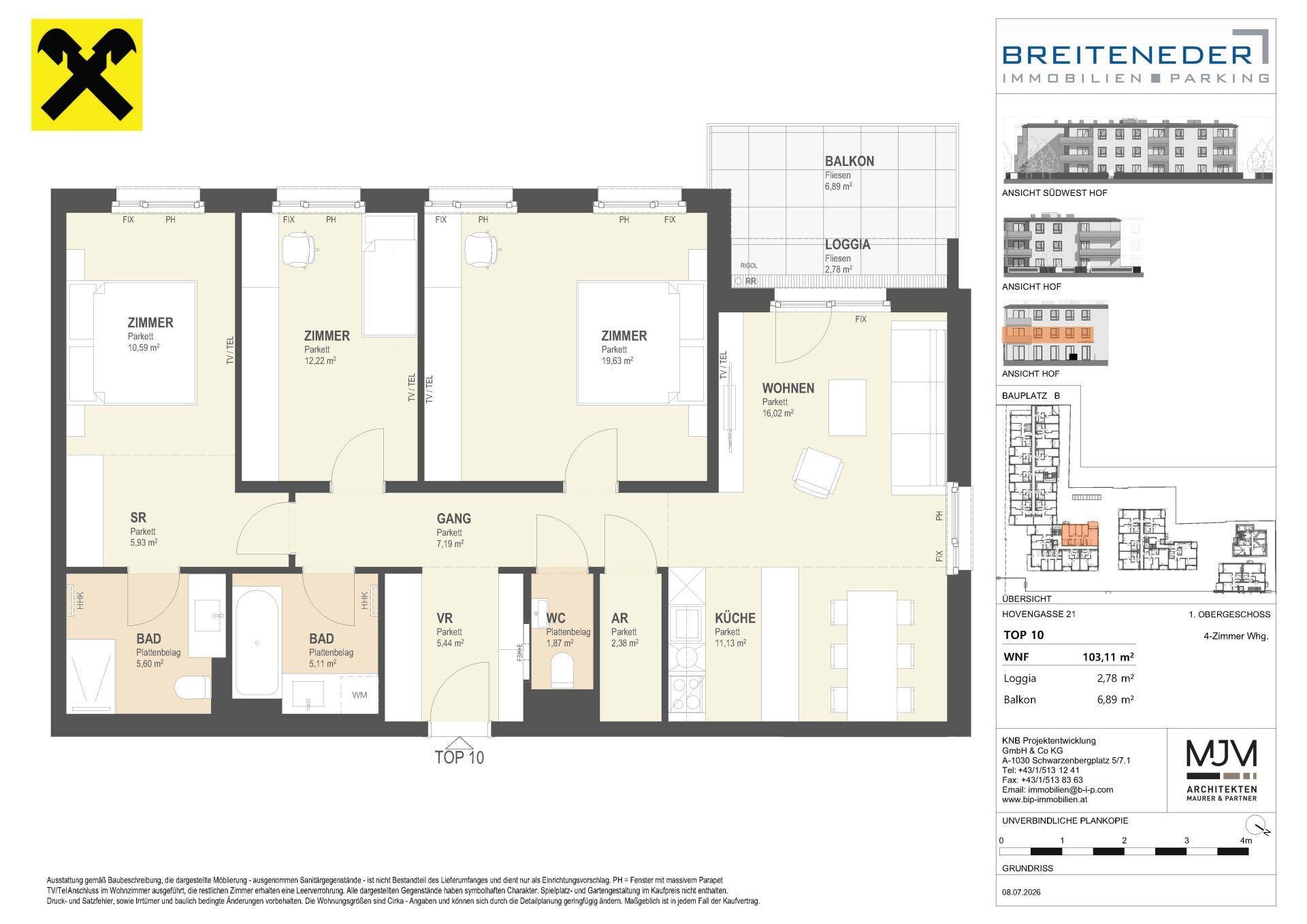 Detaillierter Grundriss einer 4-Zimmer-Wohnung mit Balkon und Loggia.